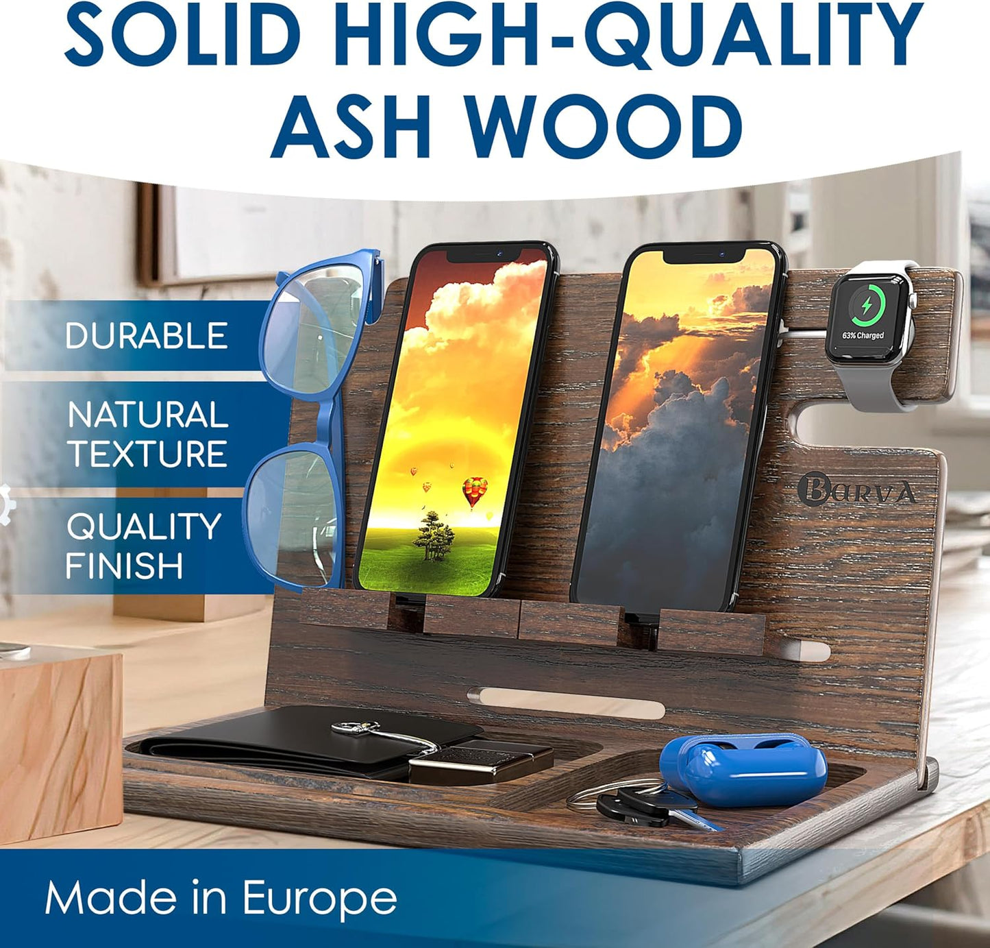 BarvA Two Phone Docking Station | Night Stand Desk Organizer | Wood Nightstand Organizer | Tablet Smart Watch Earbuds