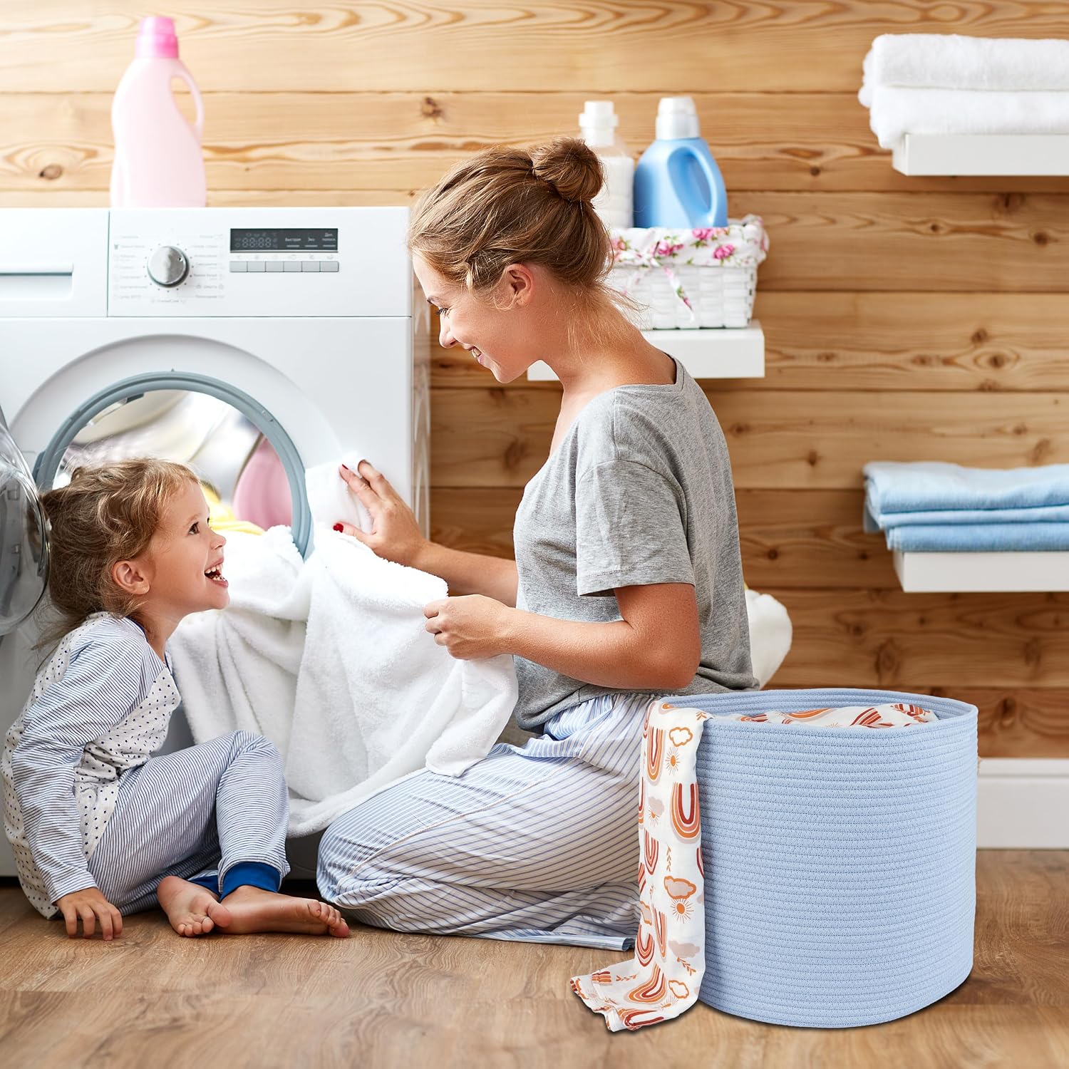 Cotton Rope Basket For Girls Boys Kids " Baby Laundry Baskets Nursery Bin Round / Blue / 16 x 14