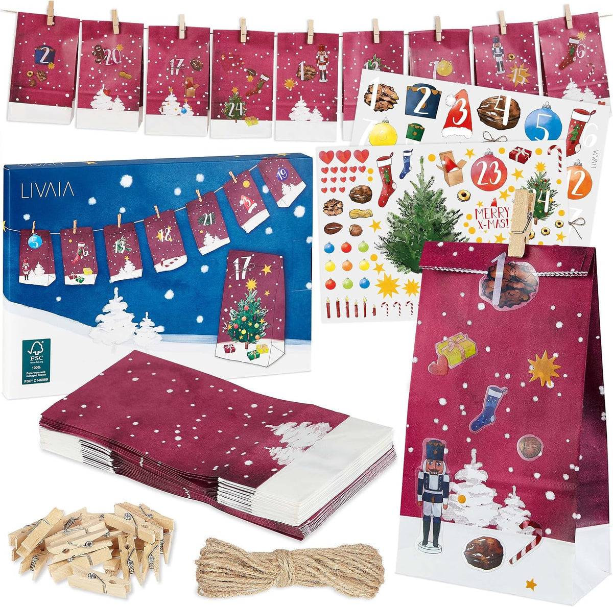 DIY Advent Calendar: Beautiful Craft Advent Calendar 2022 with 24 Paper Treat Bags and Sticker Paper with Numbers – Empty Adult Advent Calendar to Fill Yourself – Christmas Advent Calendar LIVAIA