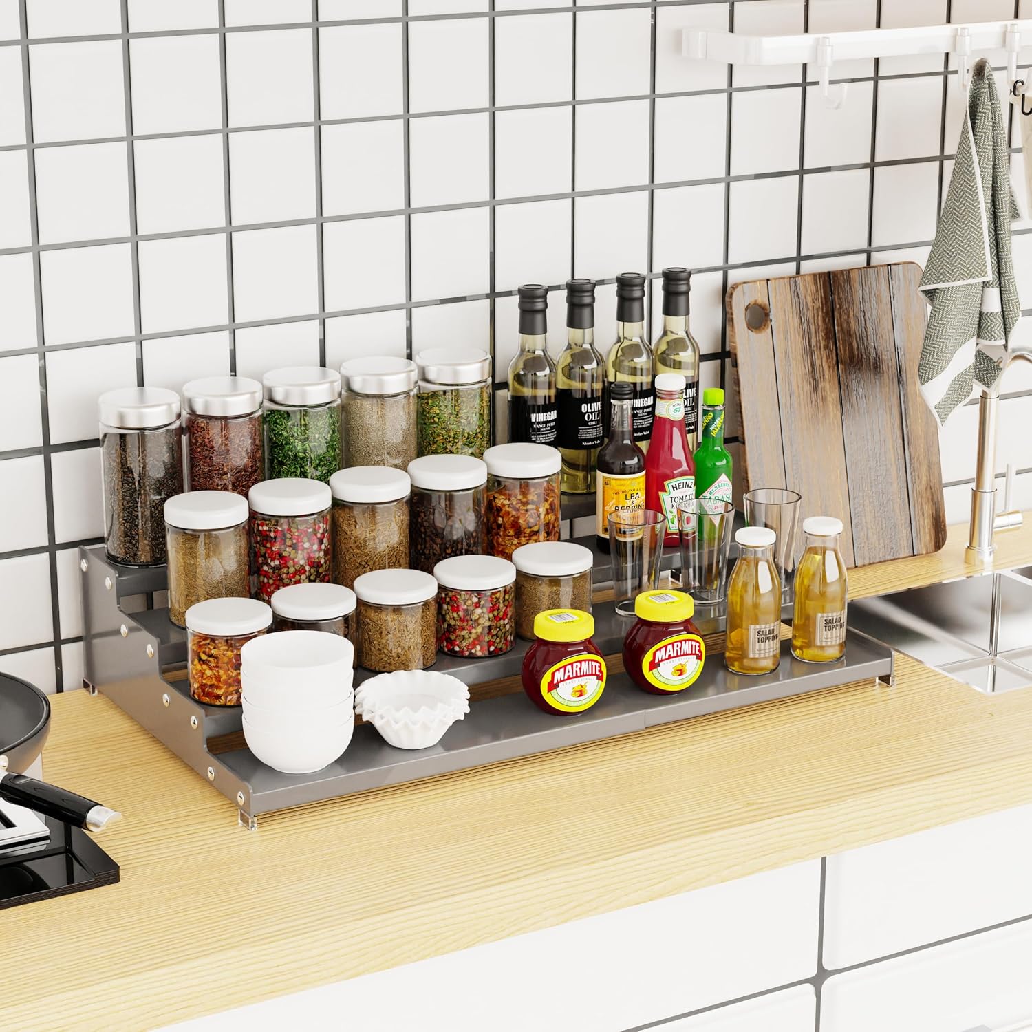 Jojocross Expandable 4-Tier Step Spice Rack Organizer for Kitchen Cabinet Modern Design and Non Skid Space Saving
