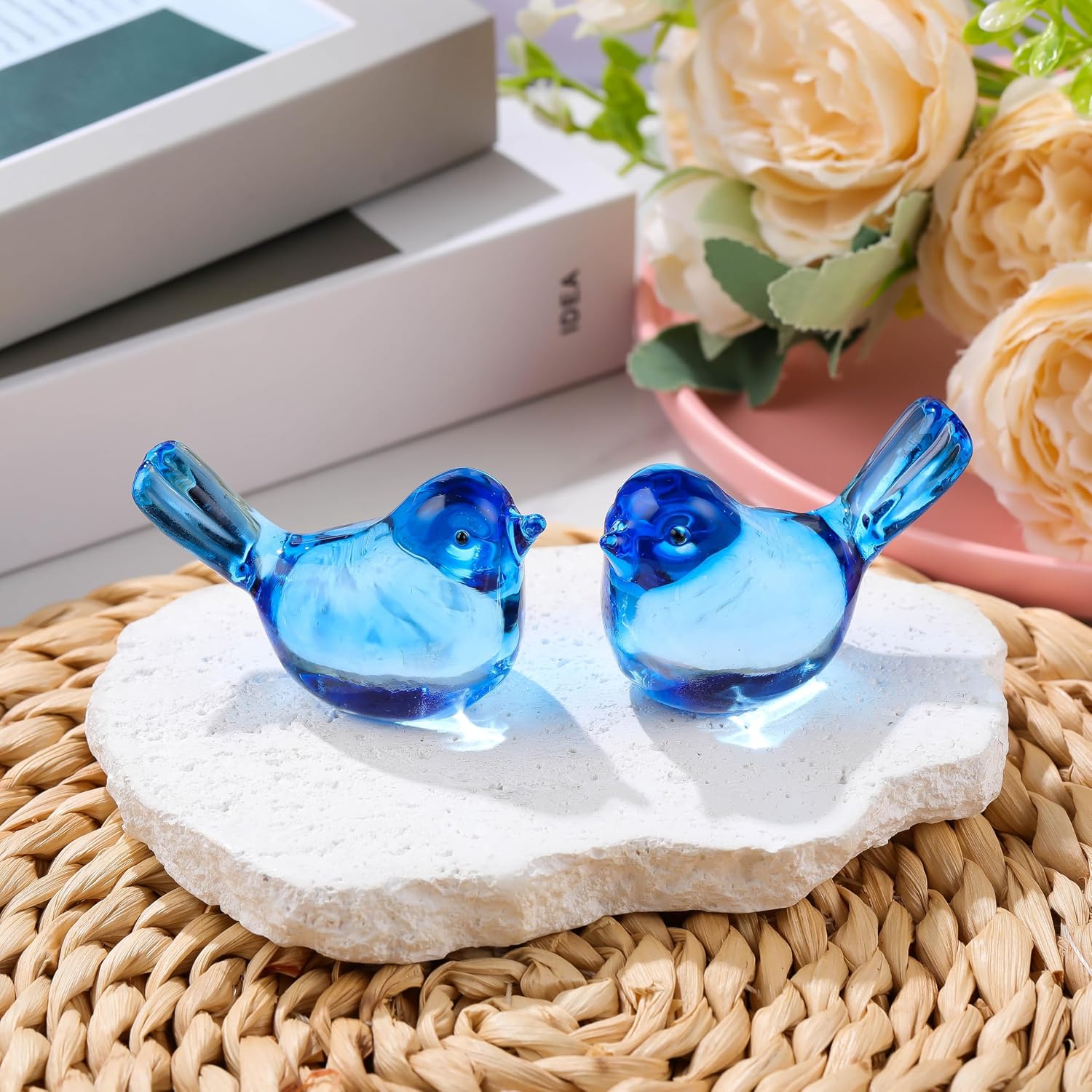 Handmade Blown Glass Birds Animals Figurines Crystal Office Desk Table / Sky Blue / Set of 2