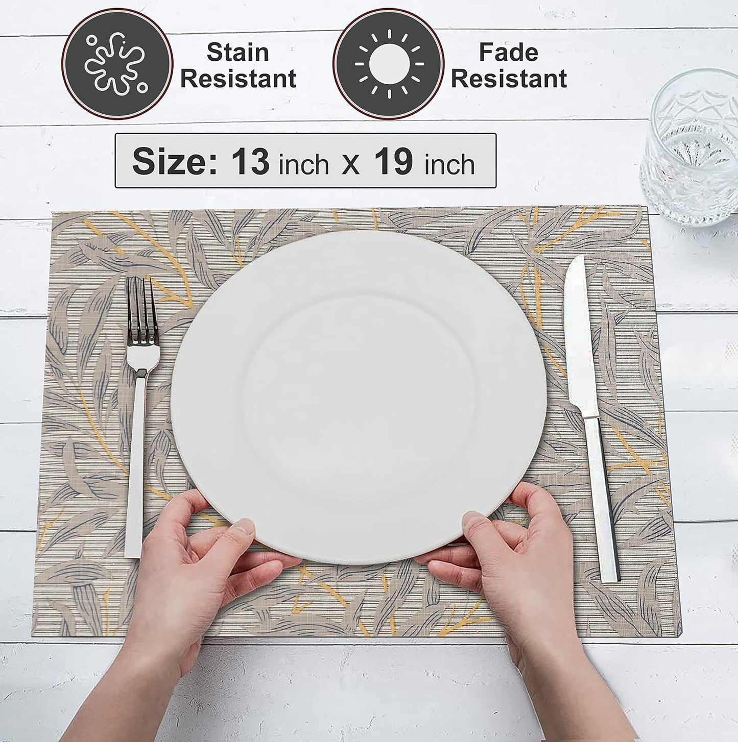 Ruvanti Placemats Set of 6, 100% Cotton Place Mats of 13"x19" – Leafy | Heat, Stain resistant, Washable, Non-Slip