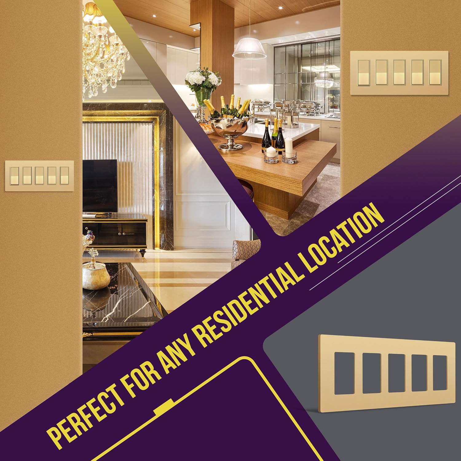 ENERLITES 5-Gang Gold Screwless Decorator Switch Outlet Wall Plate Cover | Size 4.68" x 10.14", 1 Pack Fits light