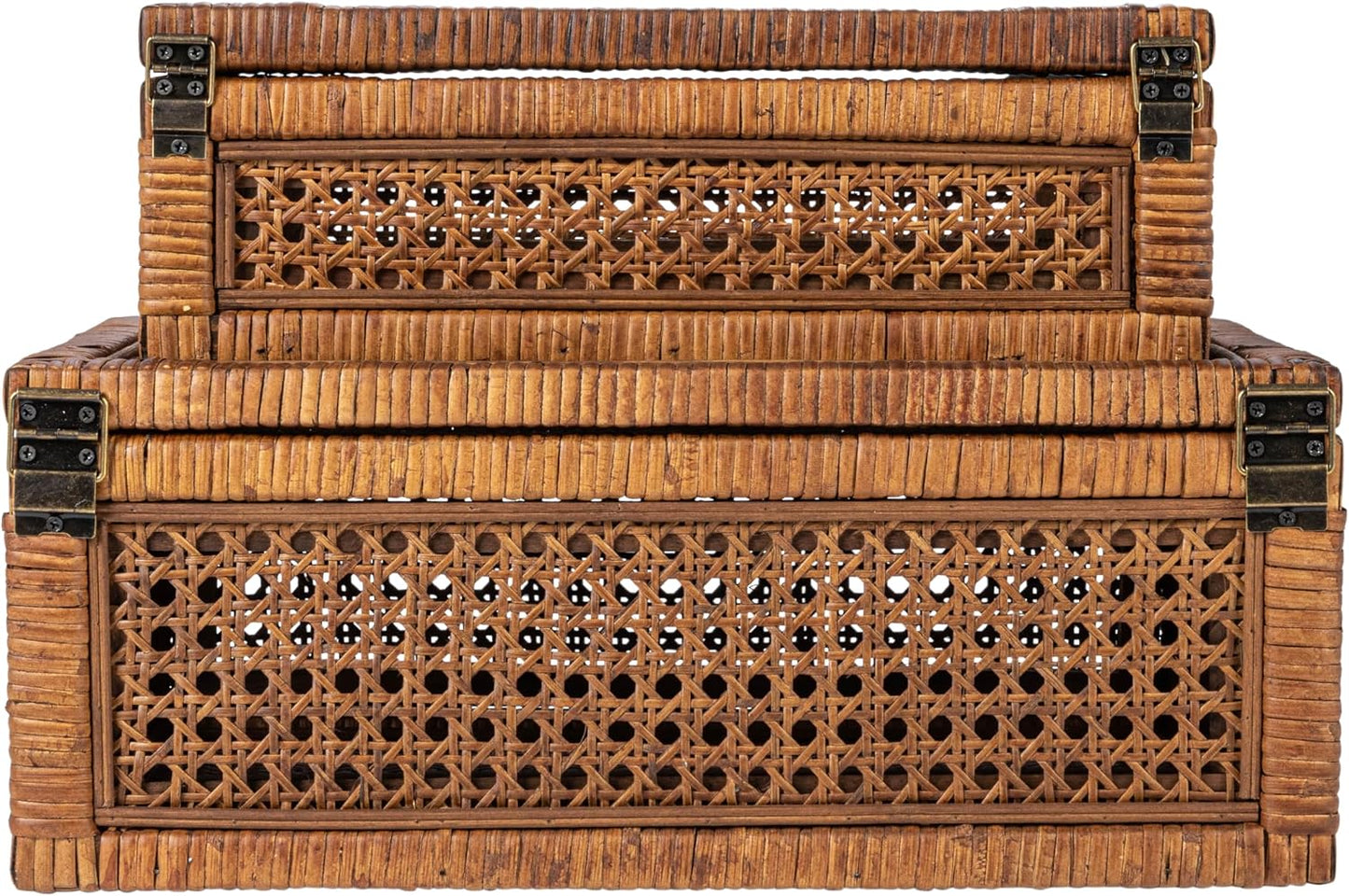 Modern Decorative Rectangle Woven Rattan and Wood Display / Dark Brown / Rectangular / Set of 2
