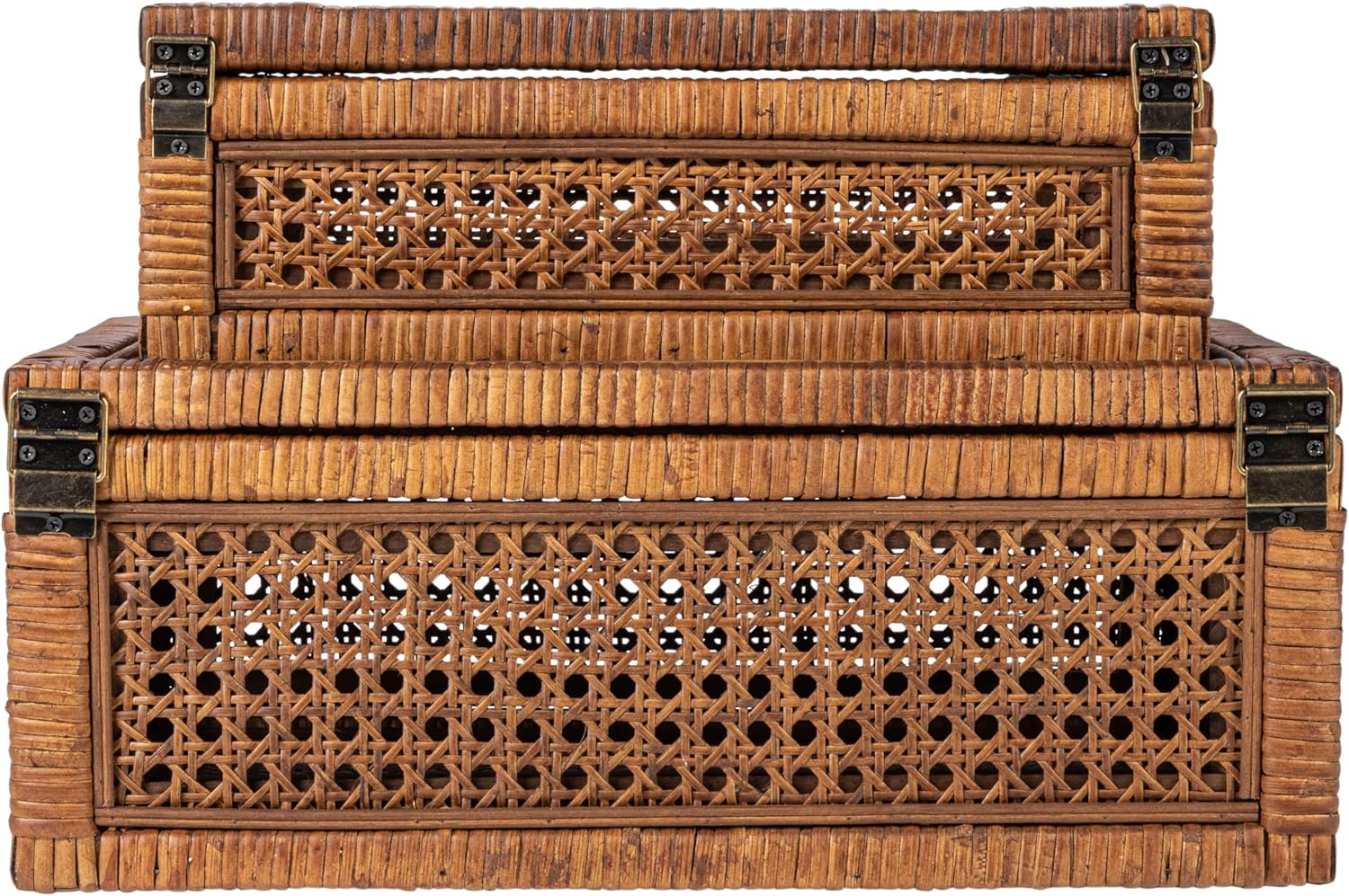 Modern Decorative Rectangle Woven Rattan and Wood Display / Dark Brown / Rectangular / Set of 2