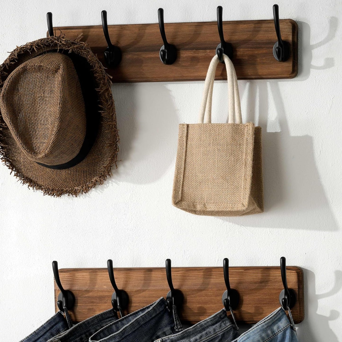 SKOLOO Rustic Wall Mounted Coat Rack with 16 Inch Mounting Hole Distance, Pine Solid Wood Coat Hook Hanger - 5 Hooks
