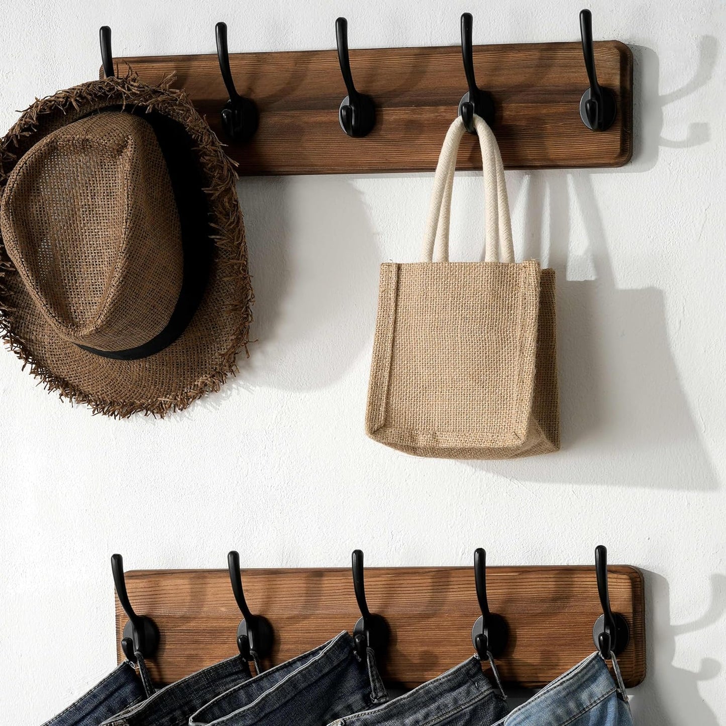 SKOLOO Rustic Wall Mounted Coat Rack, Case of 2, Pine Solid Wood Coat Hook Hanger - 5 Hooks for Hanging Clothes Robes