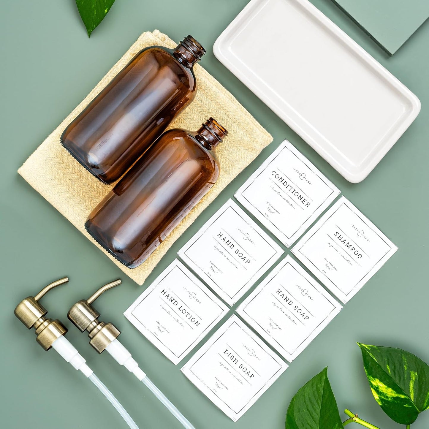 Vine Creations Amber Glass Soap Dispenser, 2 Pack Kitchen Soap Dispenser Set with Ceramic Tray, Stainless Steel Pump