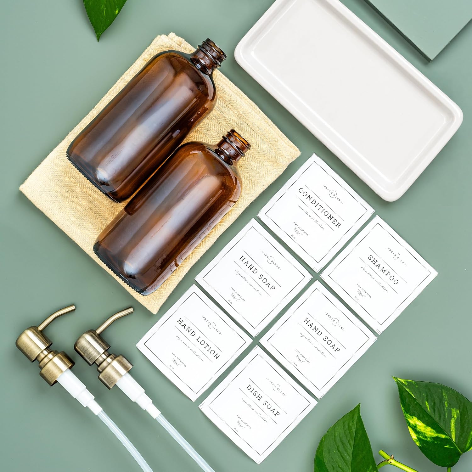 Vine Creations Amber Glass Soap Dispenser, 2 Pack Kitchen Soap Dispenser Set with Ceramic Tray, Stainless Steel Pump