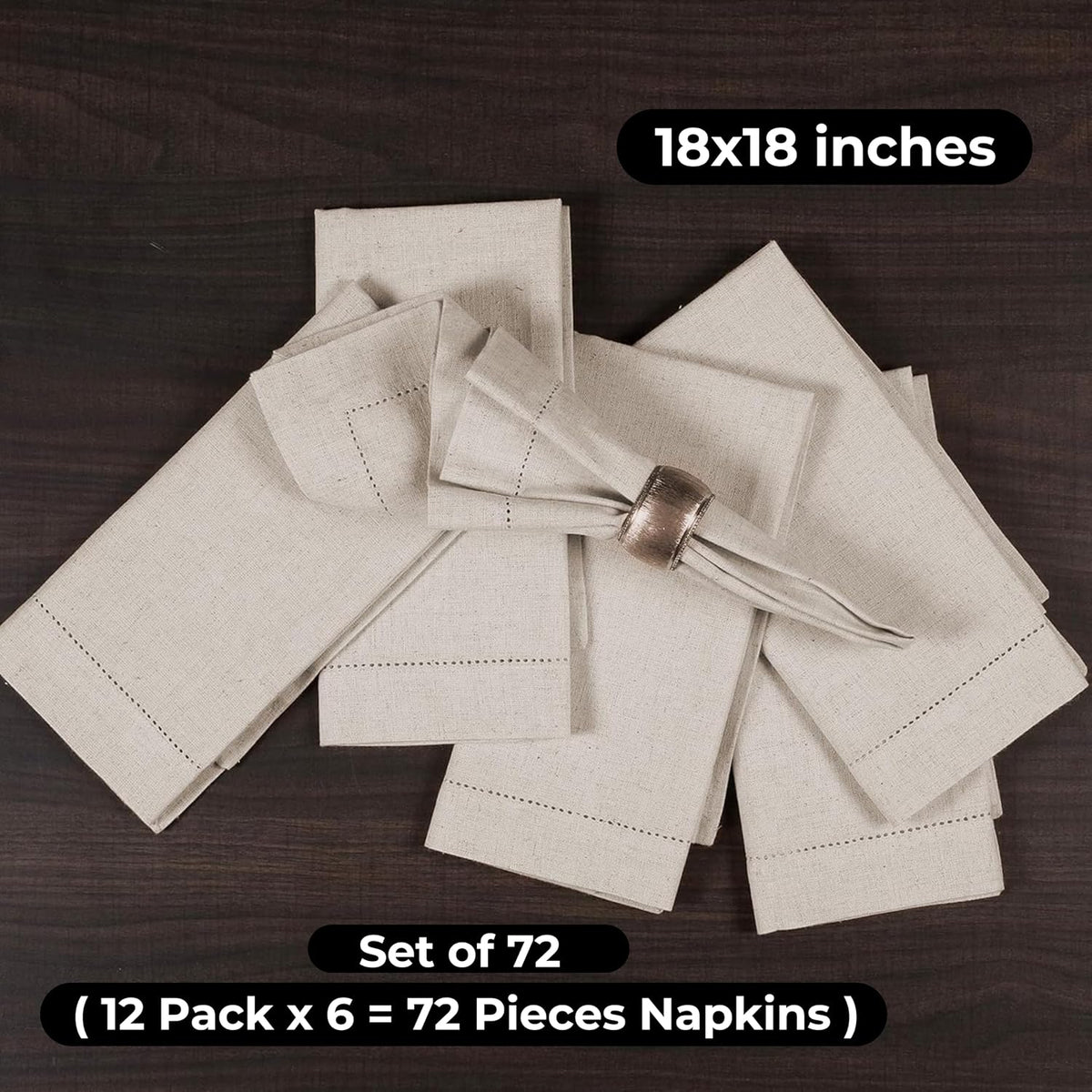 Bedding Craft Linen Cloth Dinner Napkins, 18x18, Set of 72 | Flax cotton blend, hemstitched mitered corners, 6-dozen
