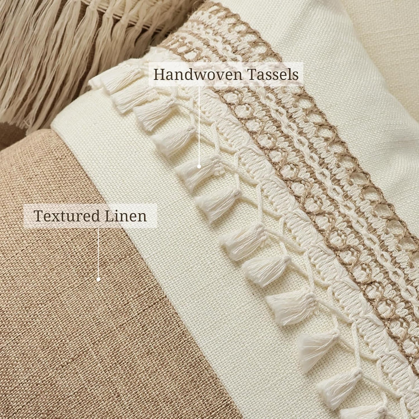 Boho Patchwork Linen Throw Pillow Covers / Boho Beige Tassles-a / 18 x 18 / Set of 2