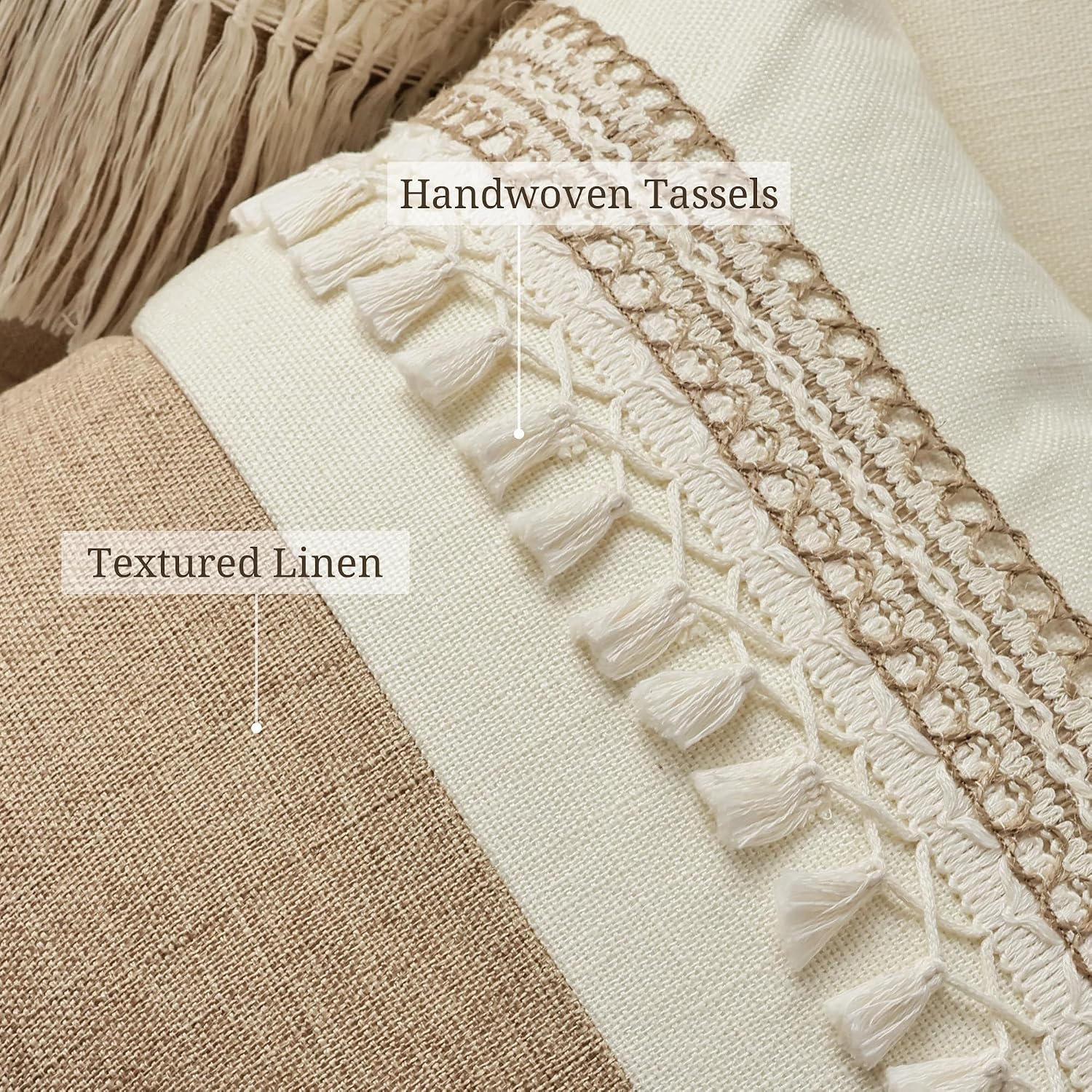 Boho Patchwork Linen Throw Pillow Covers / Beige / 18 x 18 / Set of 2