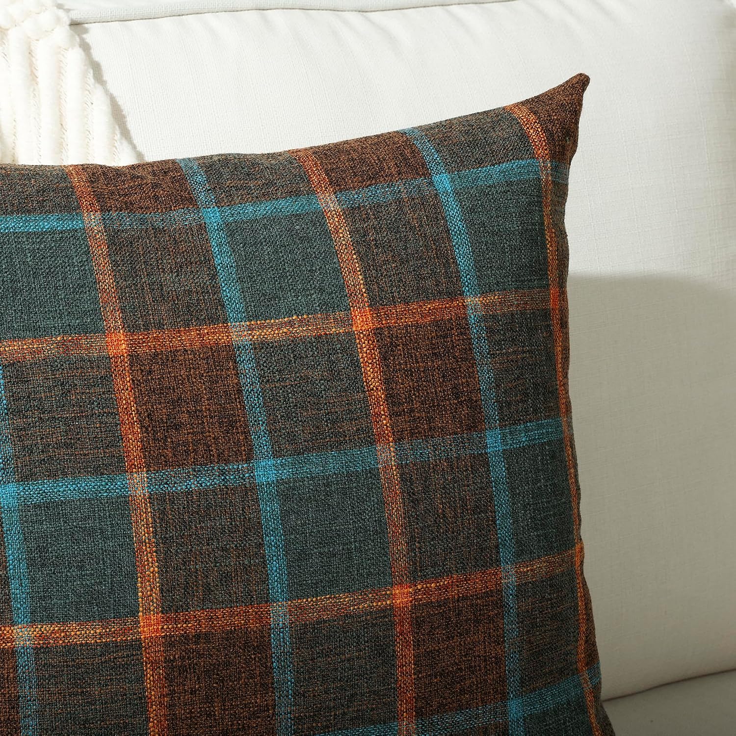 Farmhouse Plaid Decorative Cushion Covers / 18 x 18 / Check-blue Orange / Set of 2