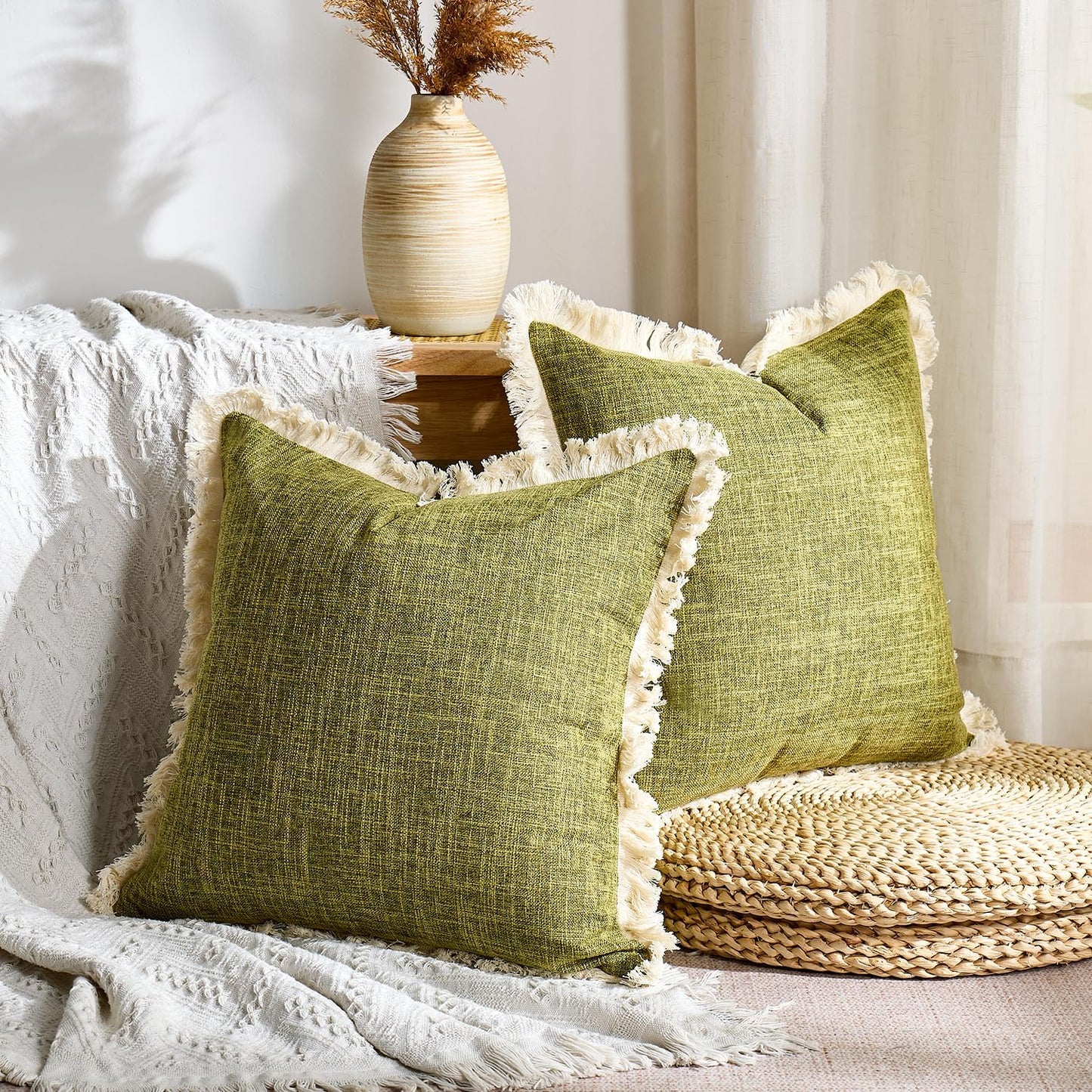 Faux Linen Throw Pillow Covers / Green / 18 x 18 / Set of 2