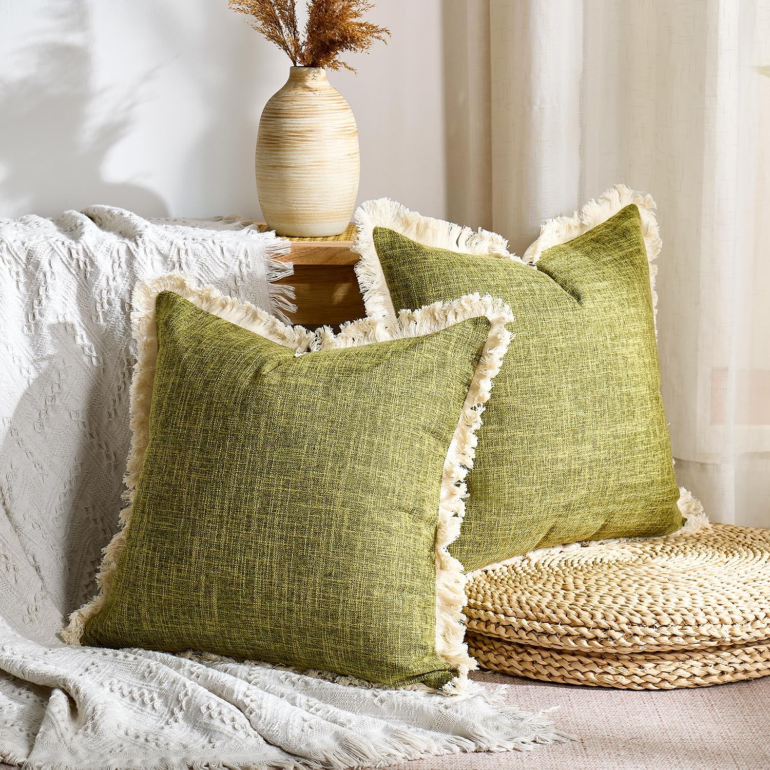 Faux Linen Throw Pillow Covers / Green / 18 x 18 / Set of 2