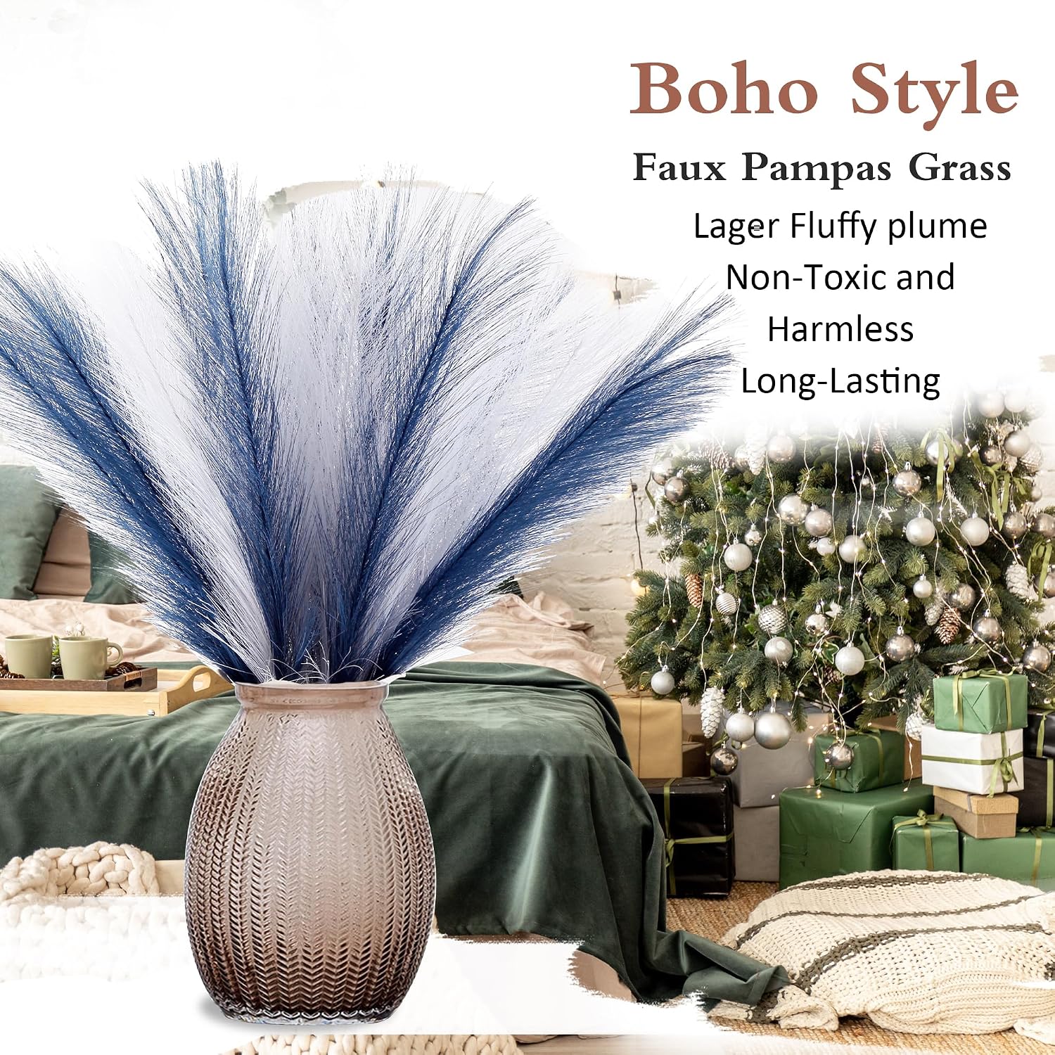 Pompas Grass Flower Arrangement and Vase / 17'' Tall / Navy Blue& White / Set of 30