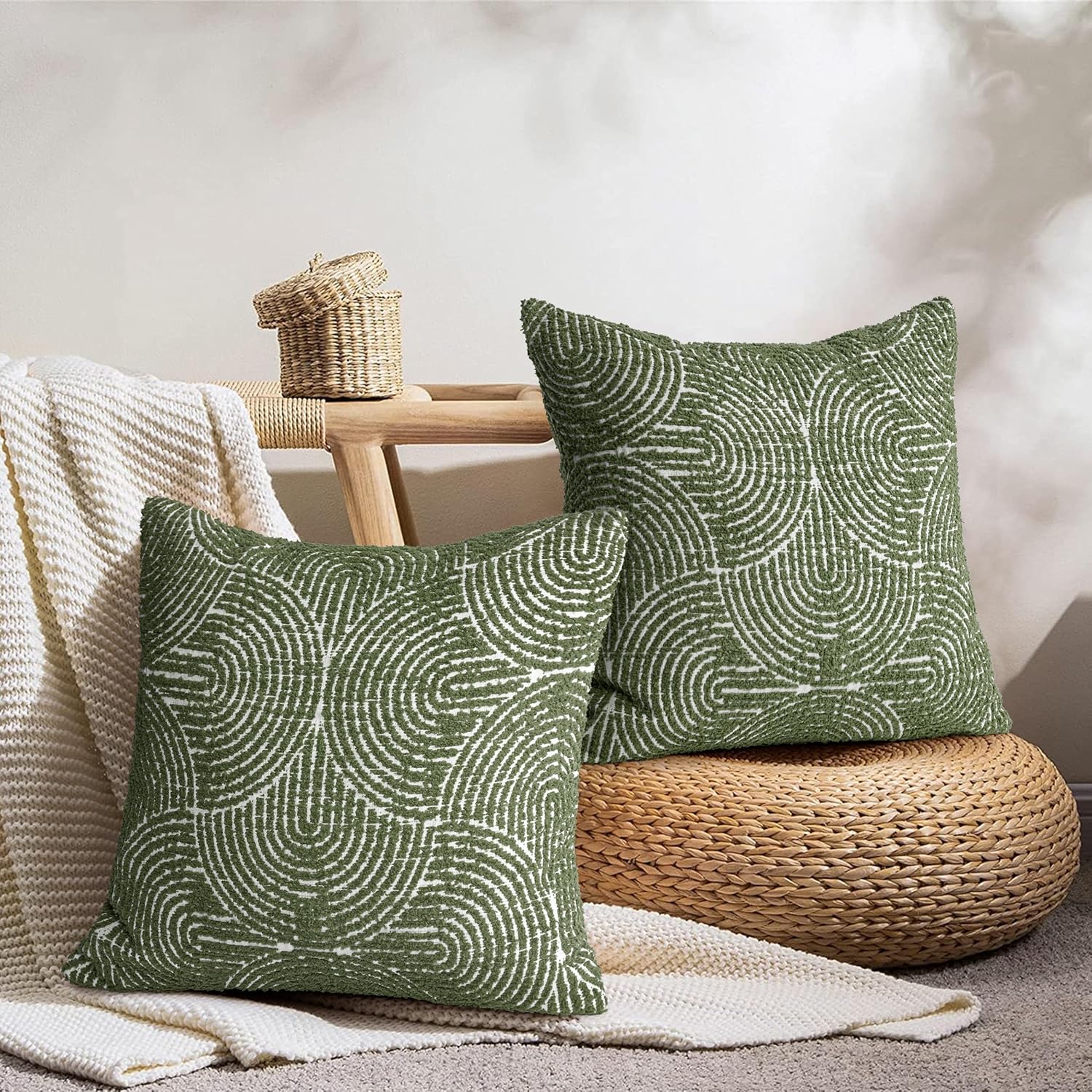 Boho Decorative Textured Throw Pillow Covers / Olive Green / 20 x 20 / Set of 2