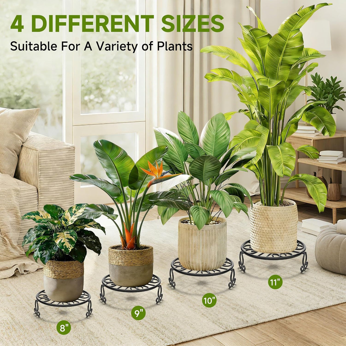 8" 9" 10" 11" 4-Pack Sturdy Plant Stands for Outdoor & Indoor Use, Heavy Duty Rustproof Metal Pot Stand Holder, Single