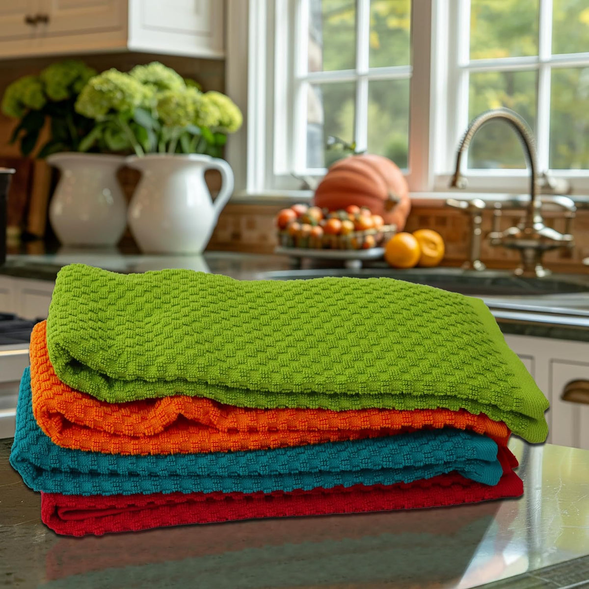 COTTON CRAFT Amazing Kitchen Towels - 8 Pack 100% Cotton Waffle Terry Towel | Teal, Orange, Red, Green - 16x28 Euro