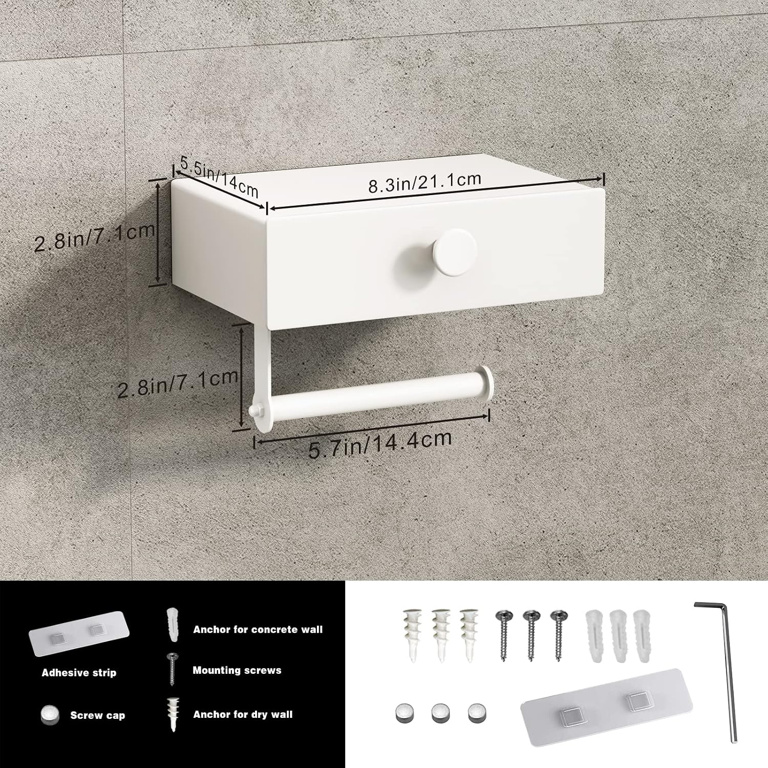 VOLDRA Toilet Paper Holder with Shelf White Wipes Dispenser for Bathroom Toilet Paper Holder with Storage Upgrade