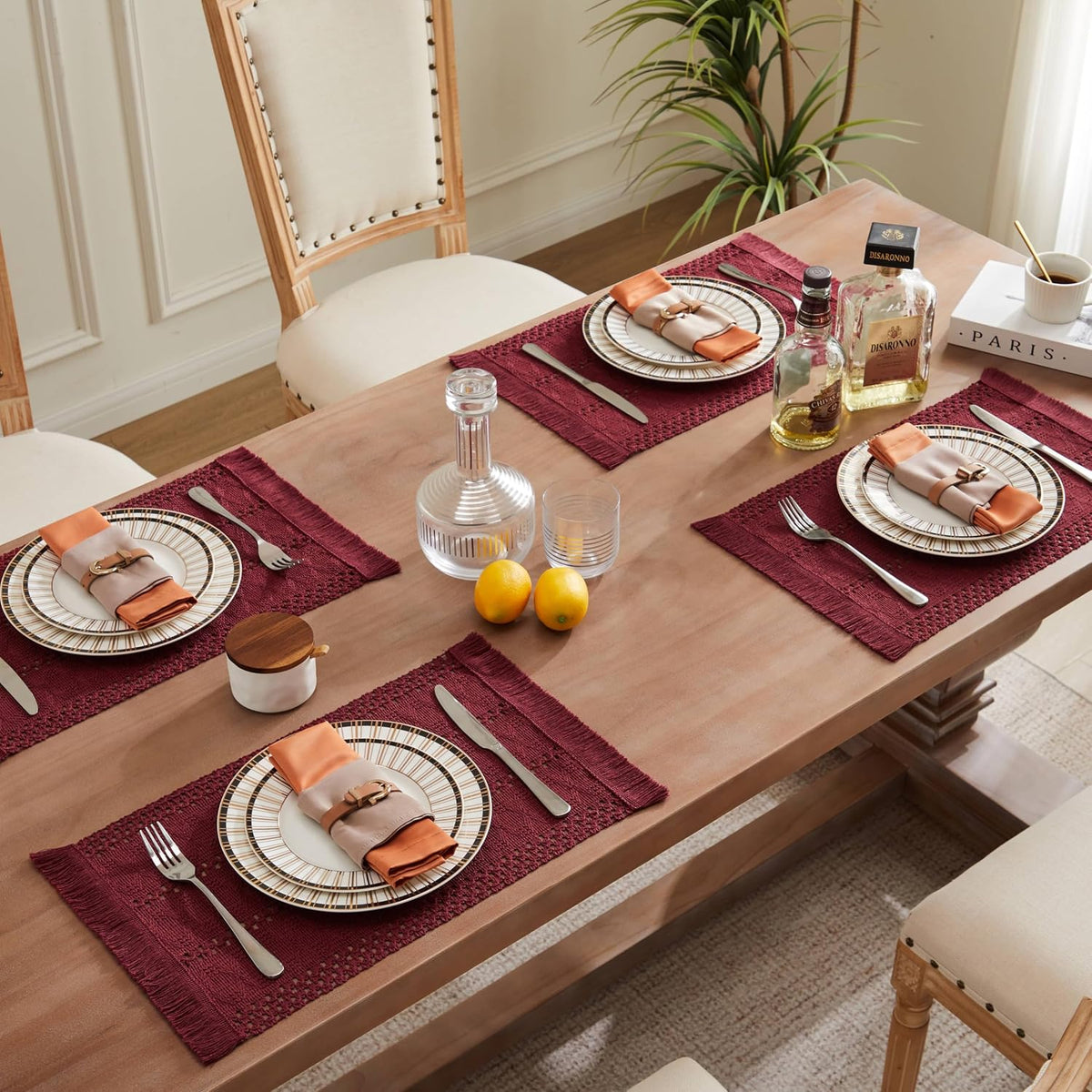 Macrame Style Boho Placemats Set of 6, Burgundy 12x20 Inch | Decorative Farmhouse Table Mats, Natural Cotton Woven