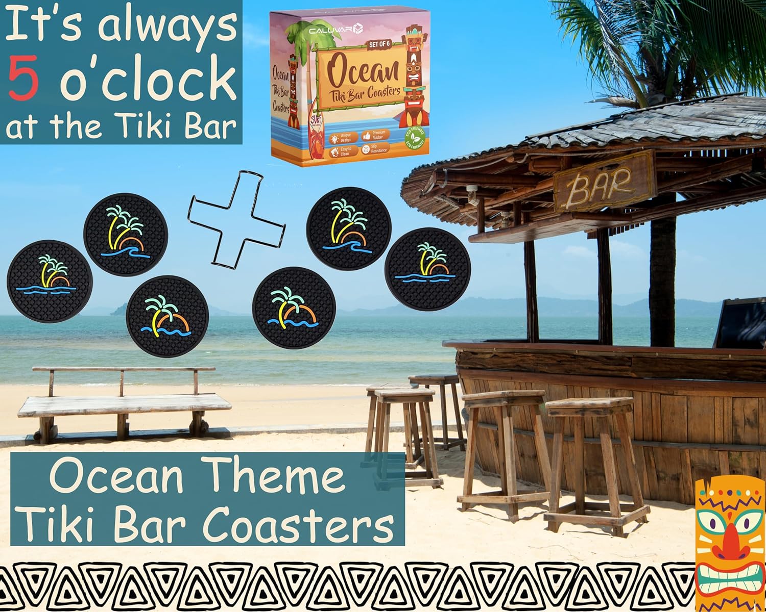 Holder / Coastal Home Decor / Tiki Bar Ocean / Set of 6