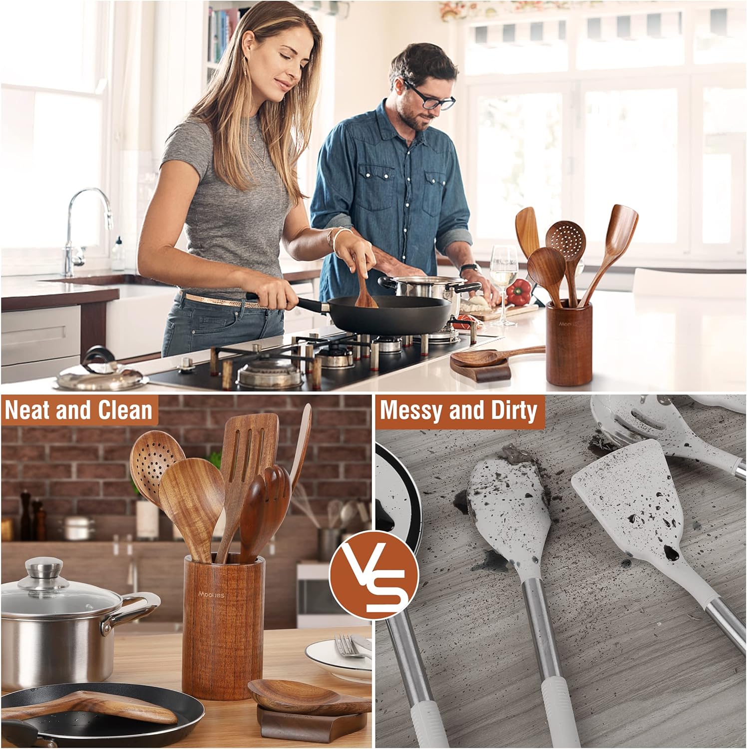 Mooues Wooden Kitchen Utensil Set, 9 Piece Natural Teak with Spoon Rest | Wooden Cooking Utensils with Comfort Grip