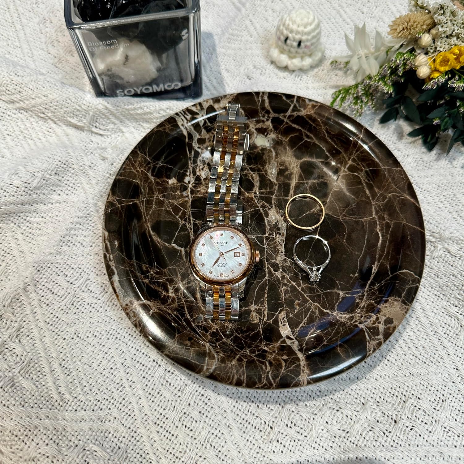 Marble Tray / Dark Brown Round Marble Vanity Tray / Emperador Dark / Natural