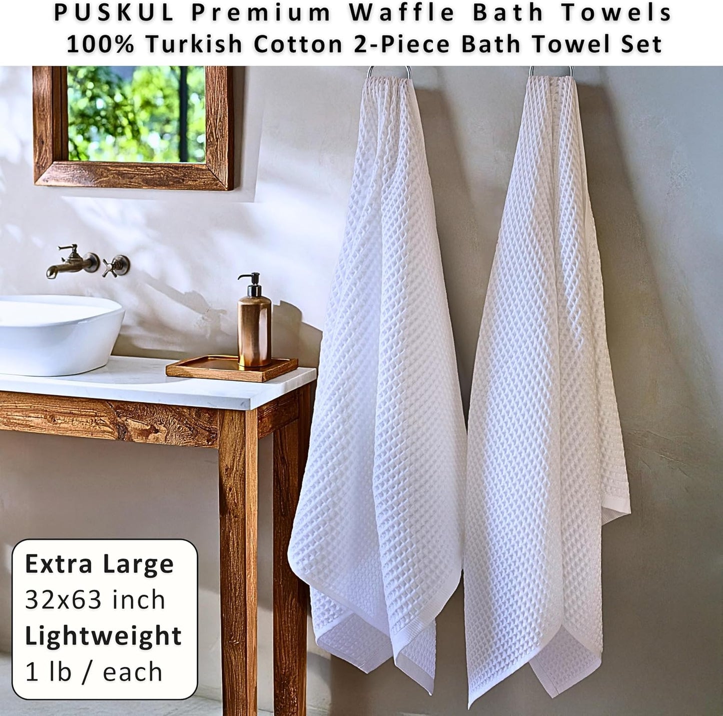 PÜSKÜL Natural 100% Turkish Cotton Waffle Bath Towels Set of 2, Extra-Large | White, Oversize 32x63" Bath sheet towel