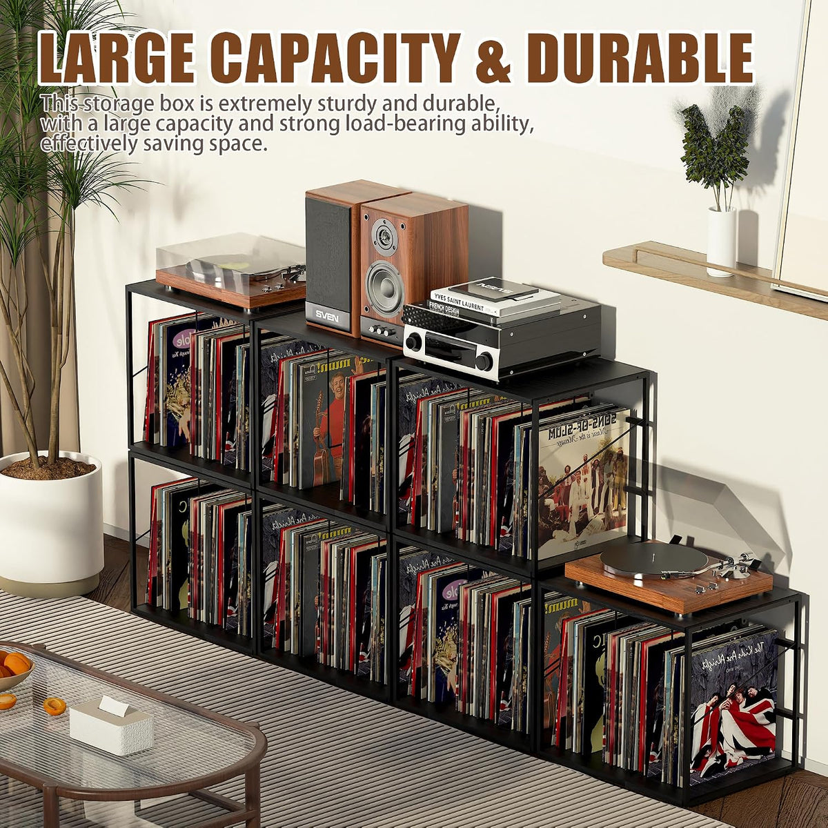 Vinyl Record Storage Holder for 80-100LPs, Vinyl Record Stand Wall Mount with Movable Divider, Solid Record Display