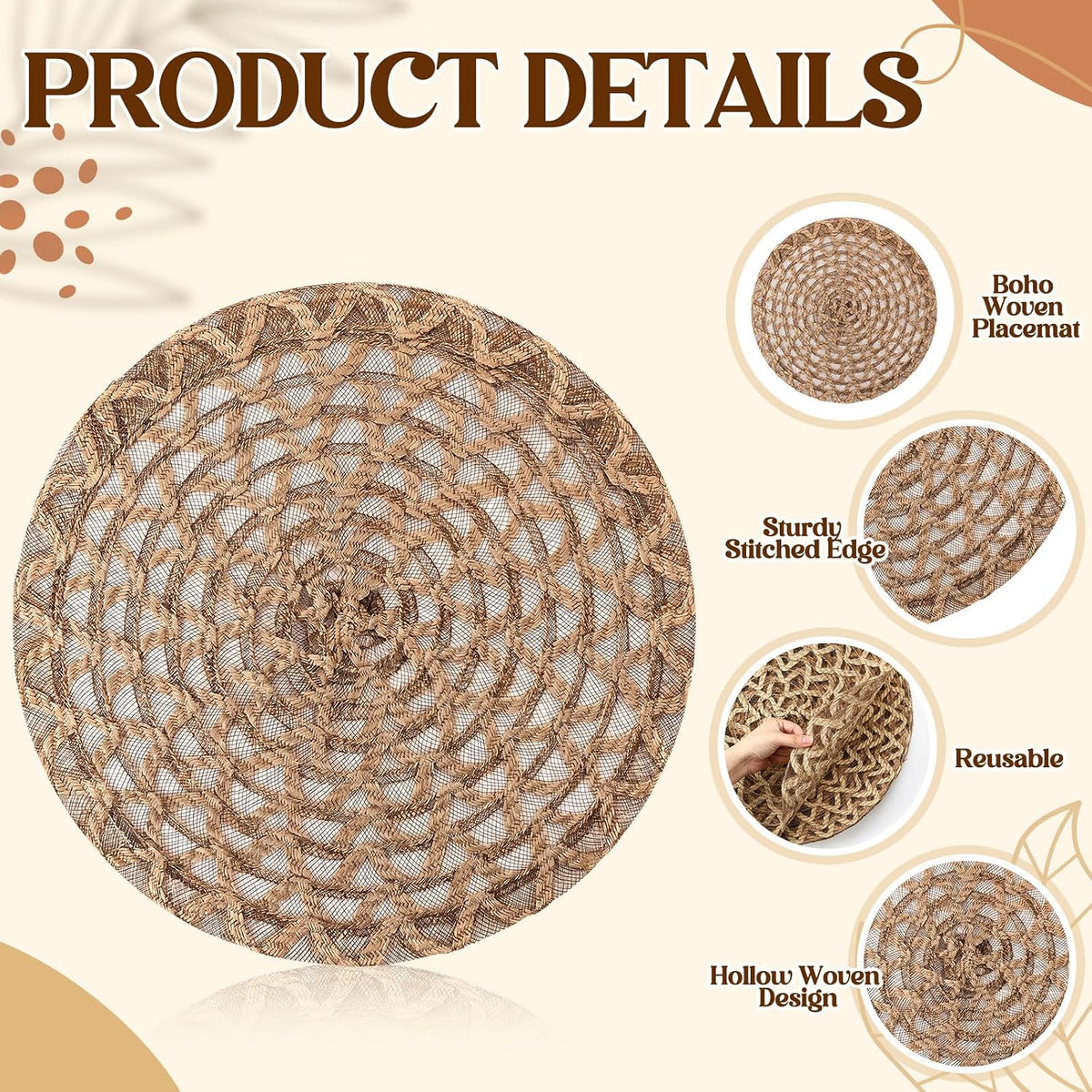 12 Pcs 15 Inch Round Burlap Placemat Boho Jute Woven Charger Bulk Rustic Vintage Natural Brown Heat Resistant Dining