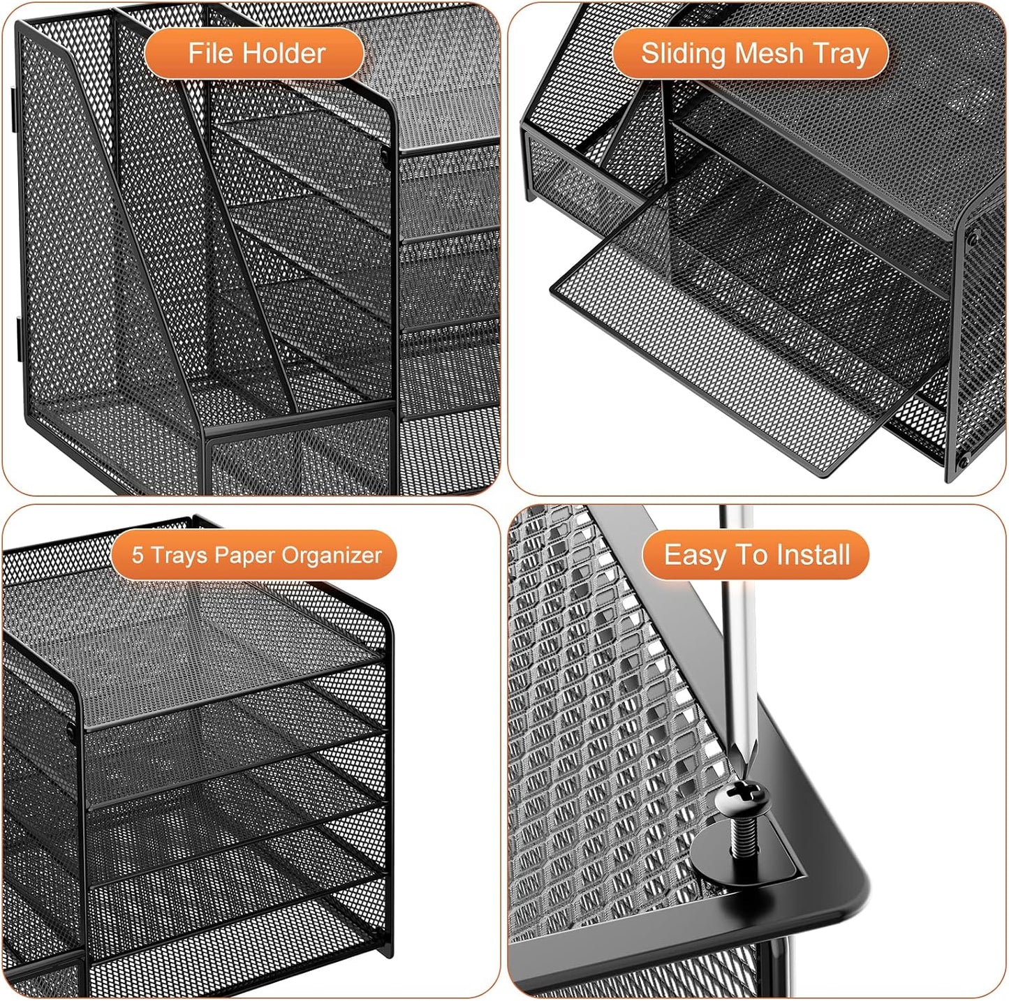 Marbrasse Desk Organizer with File Holder, 5-Tier Paper Letter Tray Organizer, Mesh Desk Organizers and Accessories