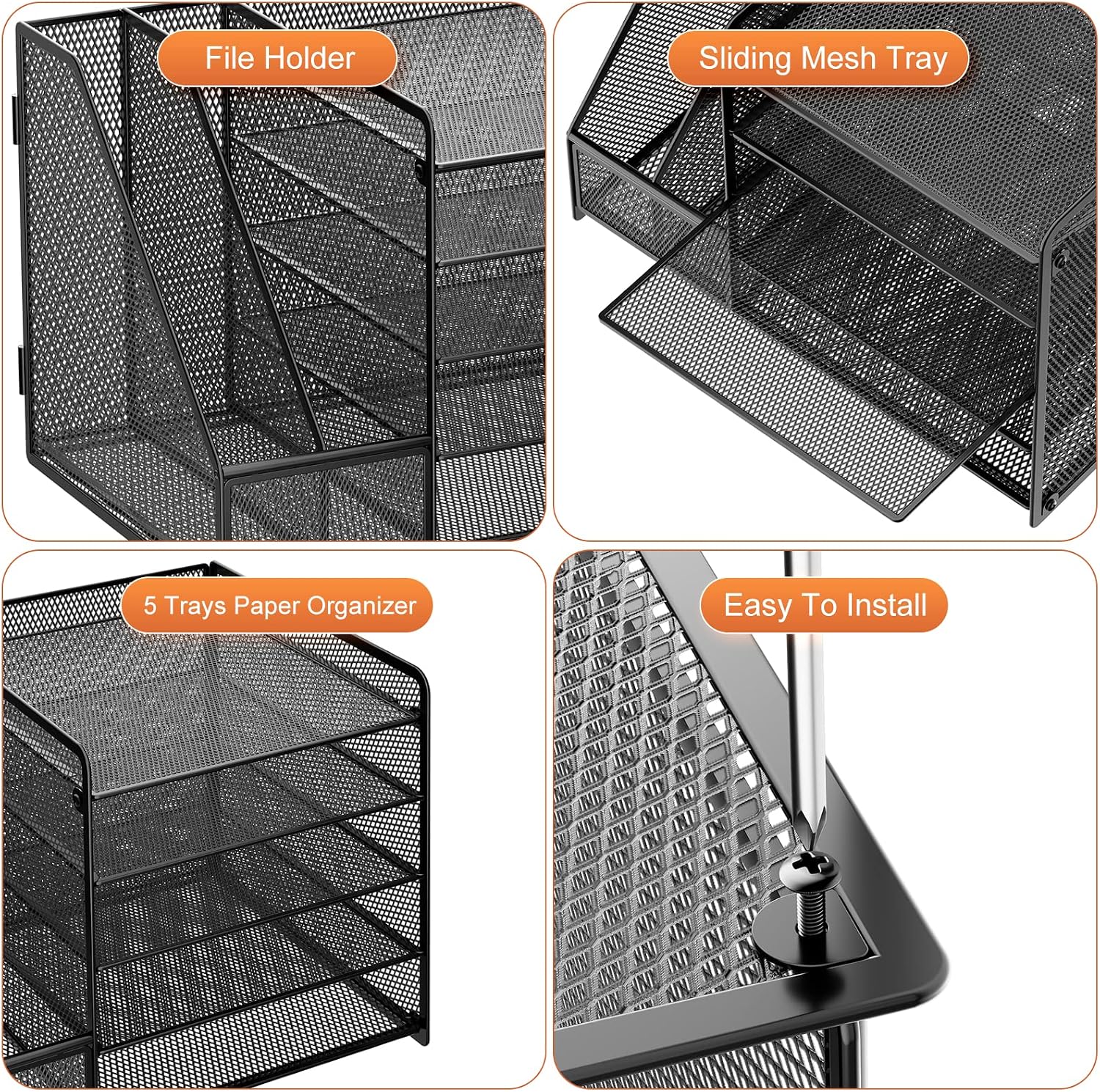 Marbrasse Desk Organizer with File Holder, 5-Tier Paper Letter Tray Organizer, Mesh Desk Organizers and Accessories