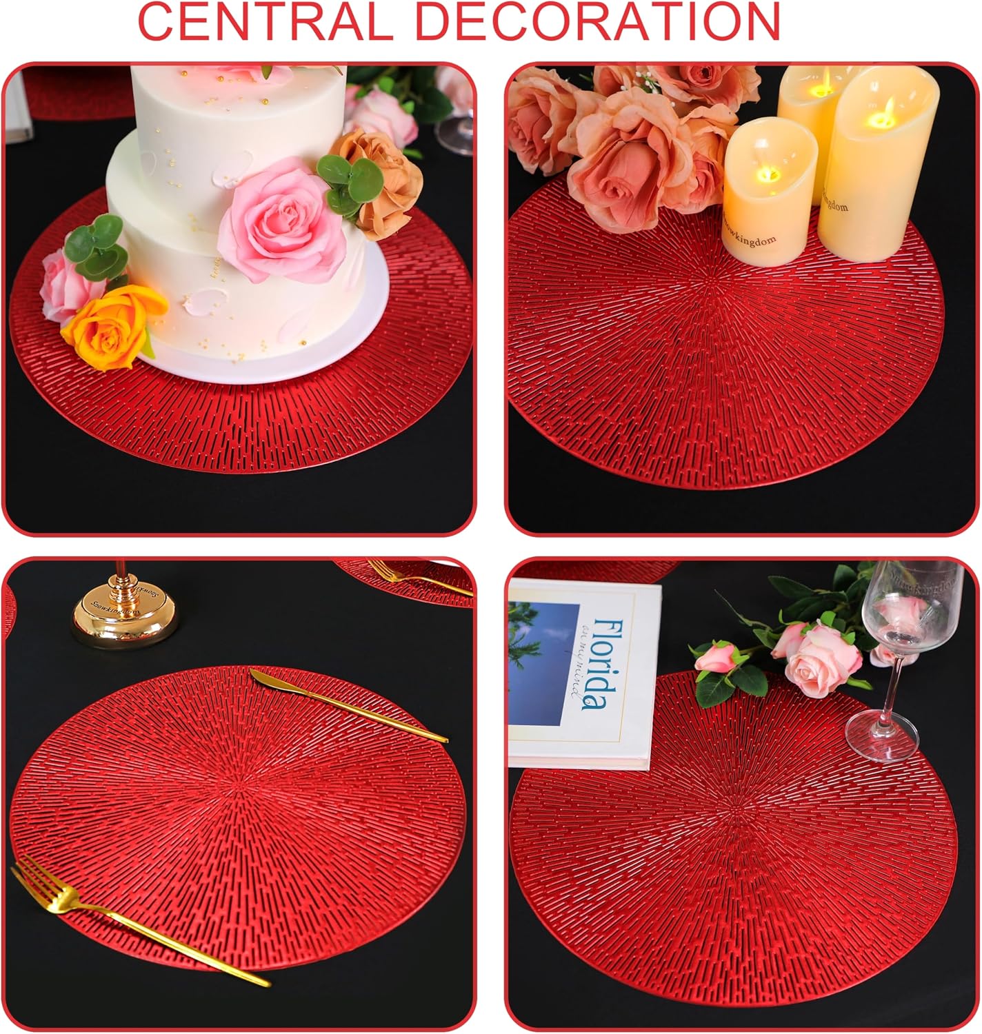 Snowkingdom Red Placemats Set of 6, Round Vinyl Metallic Hollow 15 Inch Place mats, Washable Wipeable Non Slip Stain