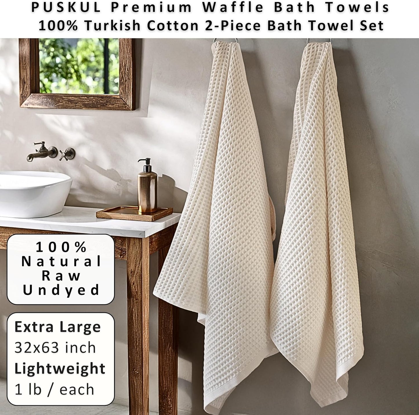 PÜSKÜL Natural 100% Turkish Cotton Waffle Bath Towels Set of 2, Extra-Large | Raw-Undyed, Oversize 32x63" Bath sheet