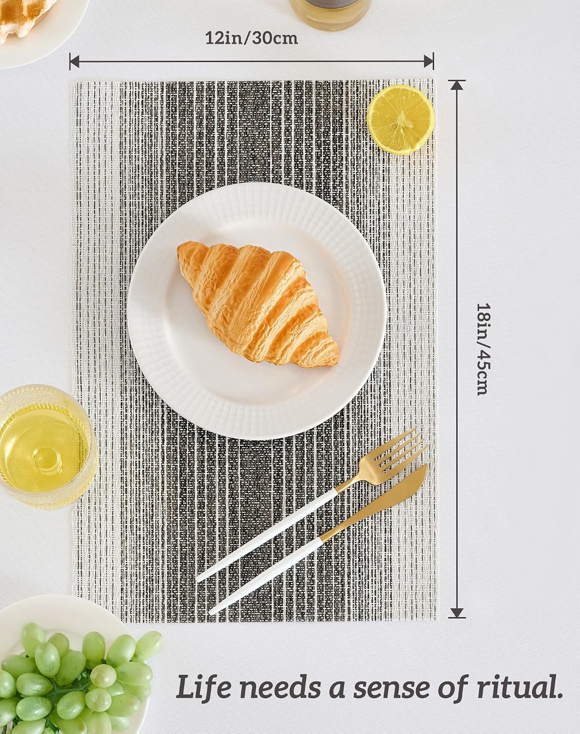 Leetaltree Woven Vinyl Placemats Set of 8,Black& White | Waterproof & Washable Dining Table Mats for Wedding