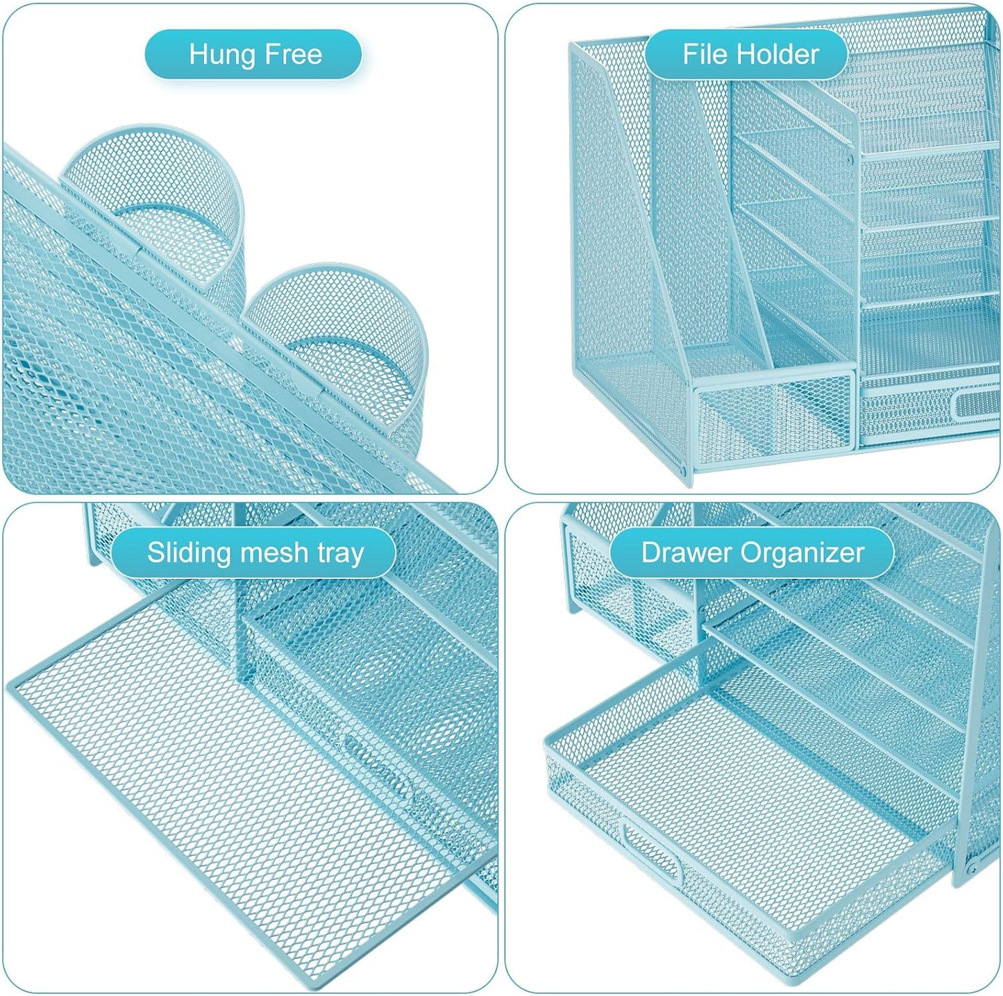 Marbrasse Desk Organizer with File Holder, 5-Tier Paper Letter Tray Organizer with Drawer and 2 Pen Holder, Mesh