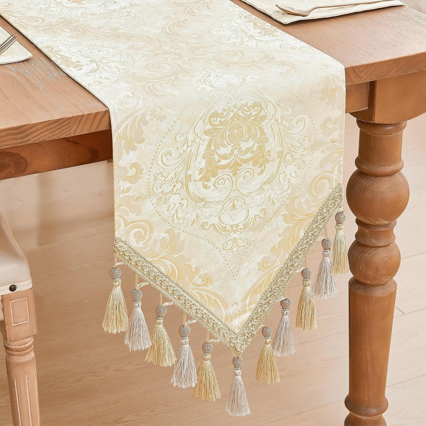Loom and Mill Elegant Damask Table Runner 13x108 inch, Champagne Gold | Double Layer Design Jacquard Dining Table