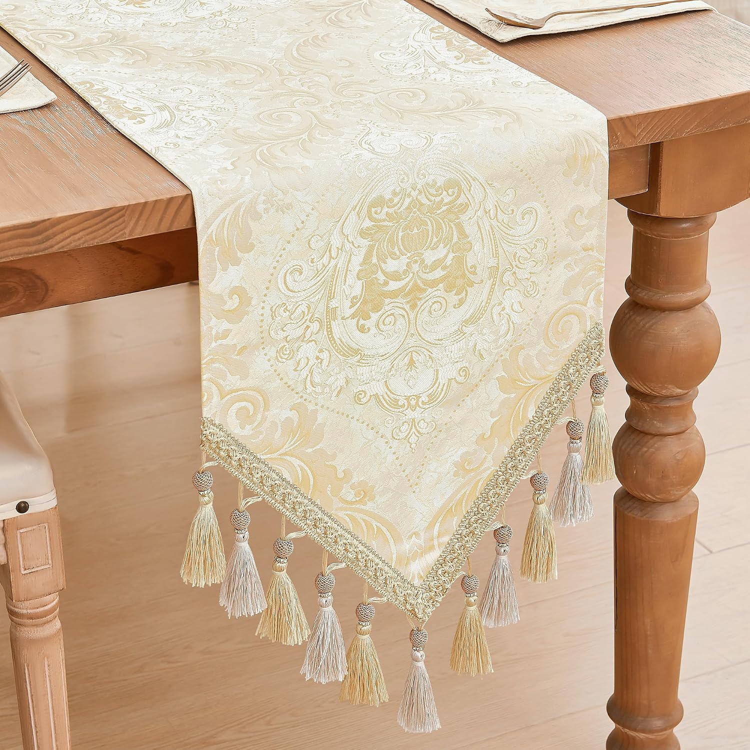 Loom and Mill Elegant Damask Table Runner 13x108 inch, Champagne Gold | Double Layer Design Jacquard Dining Table