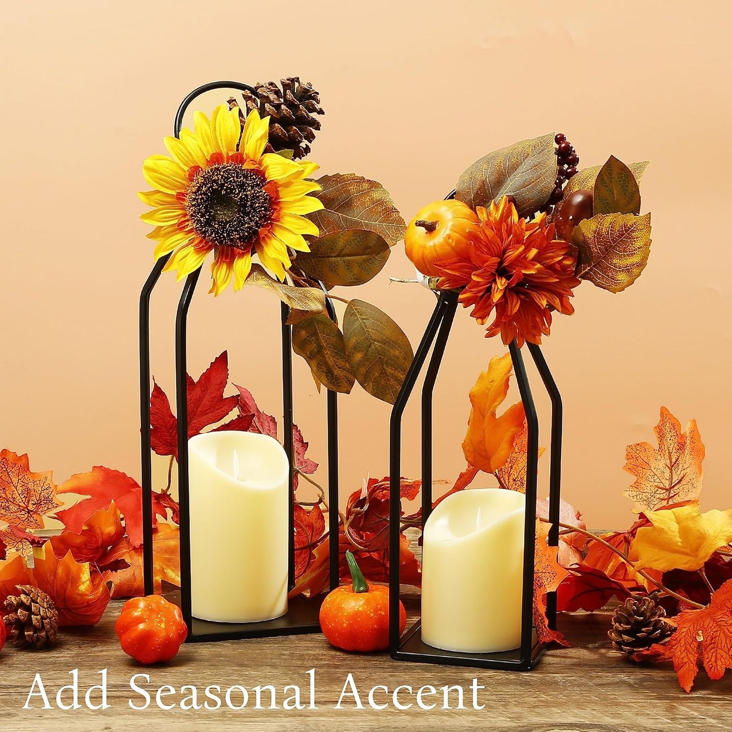 Perfnique Modern Farmhouse Lantern Decor, 15'' 13'' Set of 2 Black Metal Lantern, 2 LED 6hr Timer Flameless Candles ＆