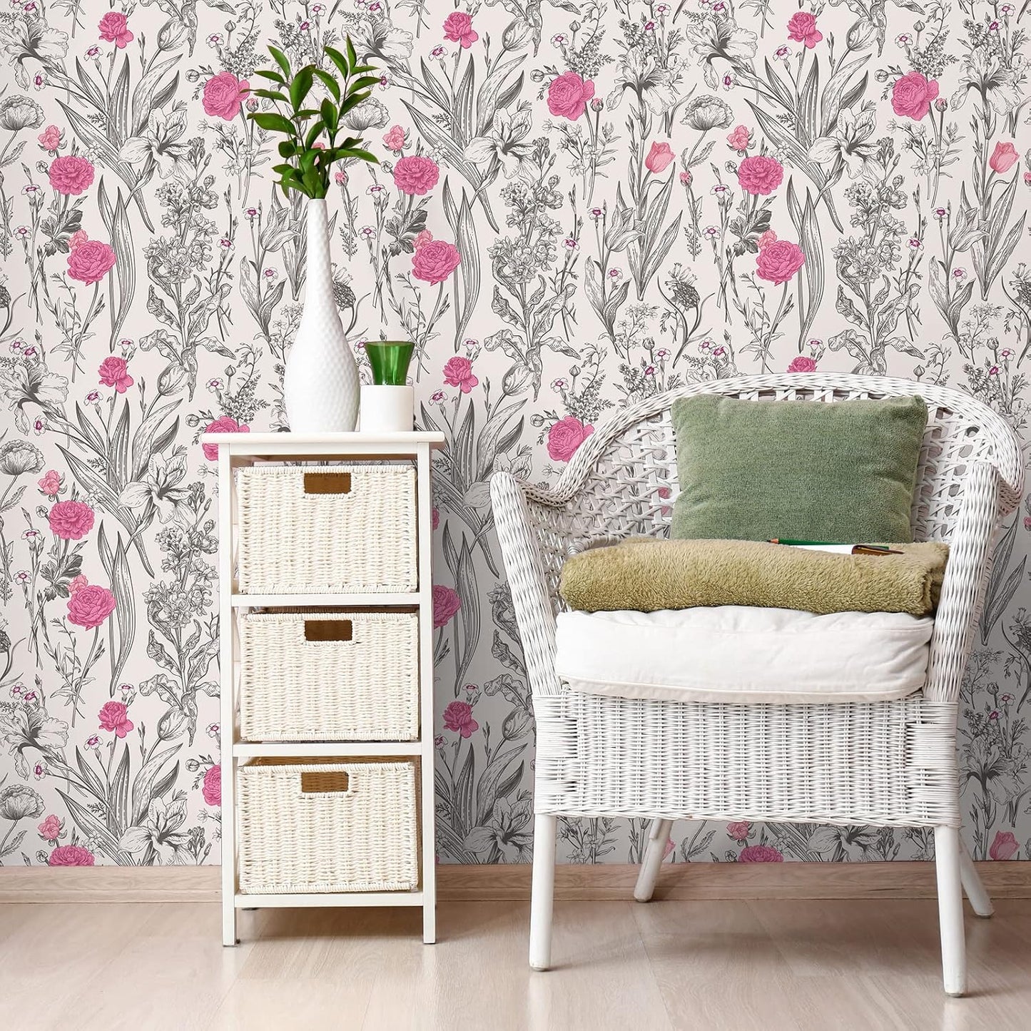 17.7''x354'' Grey Sketch Floral Wallpaper Vintage Pink Flower Peel / 17.7 x 354 / Grey, Pink