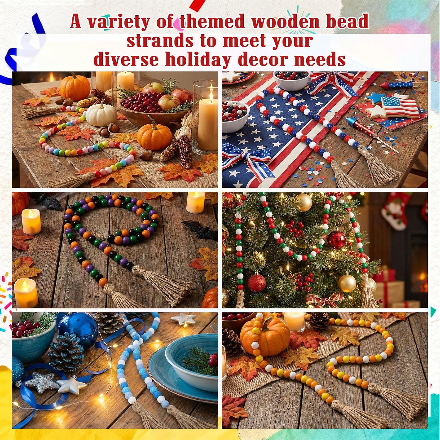Seasonal Wooden Bead Garland / 3.3 ft / Set of 6