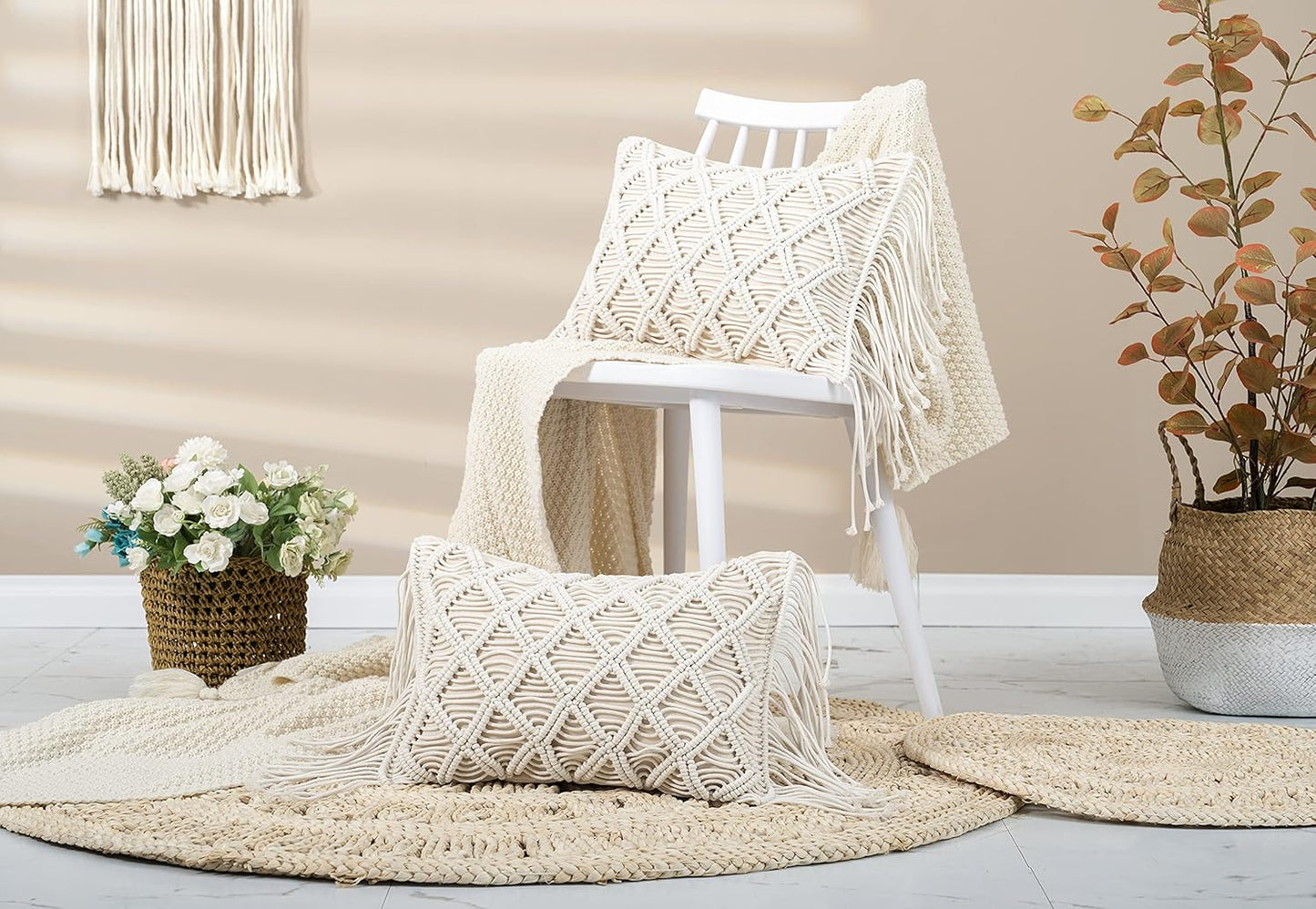 Macrame Lumbar Pillow Cover- Decorative Thorw Pillowcase Boho Tassel Cushion Covers / A / Set of 2