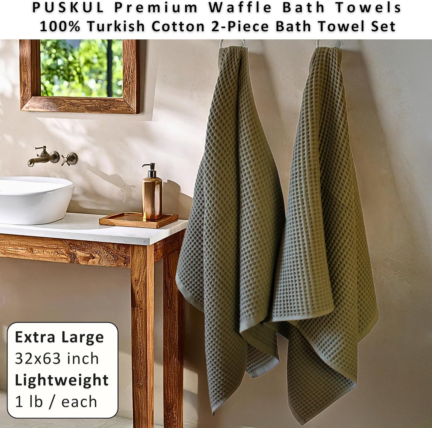 PÜSKÜL Natural 100% Turkish Cotton Waffle Bath Towels Set of 2, Extra-Large | Khaki Green, Oversize 32x63" Bath sheet