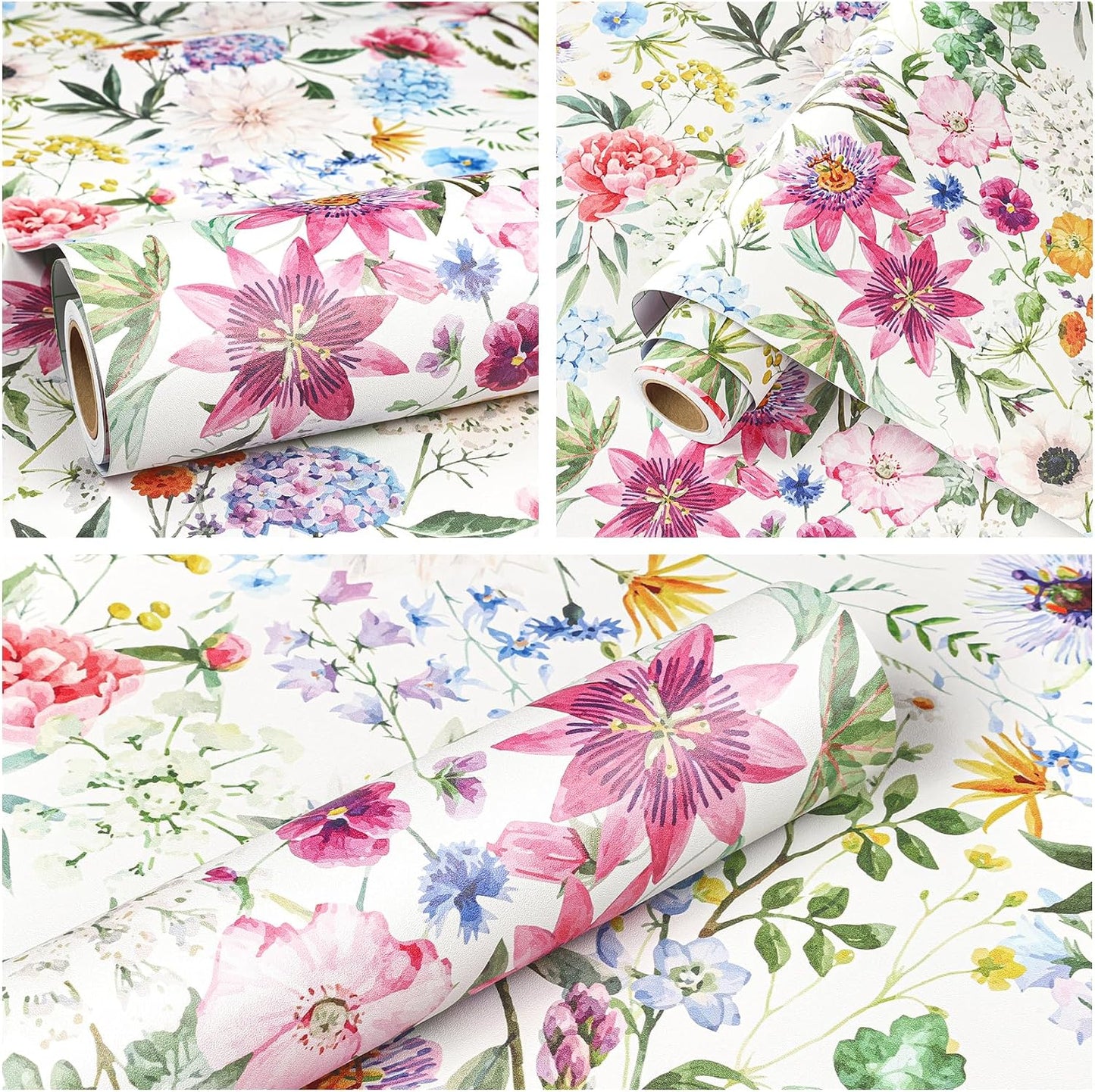 Wallpaper Watercolor Peony Hydrangea Daisy Poppy / 17.5 x 10 / Ft / Multicolor Floral / Pink