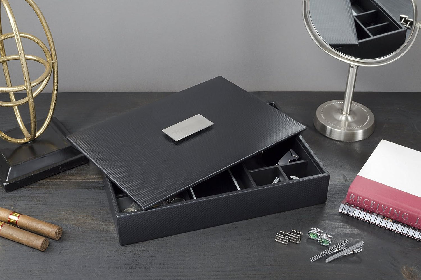 Glenor Co Mens Valet Tray/Dresser Organizer & Lid - 6 Slot Luxury Jewelry Accessories Box, Carbon Fiber Design & Metal
