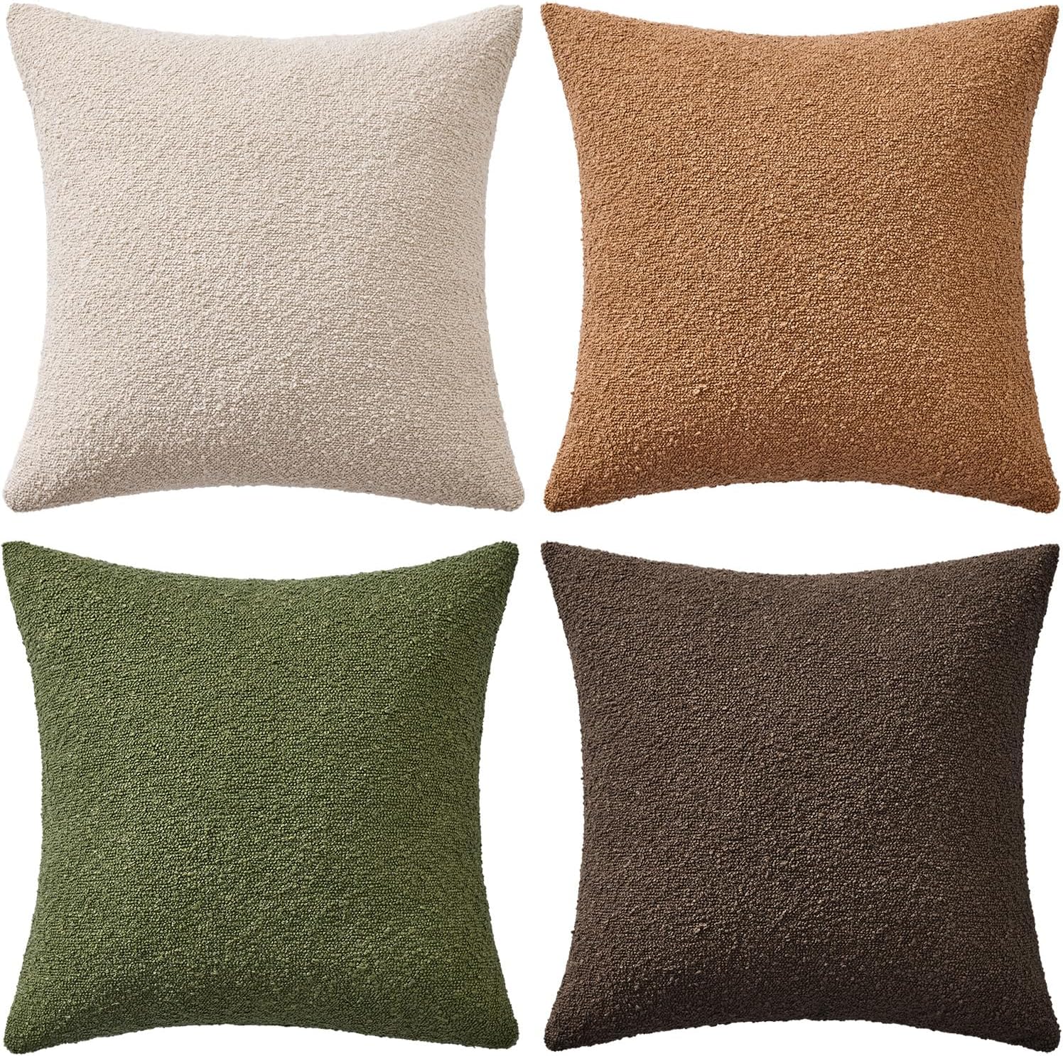 Decorative Textured Boucle Throw Pillow Covers Accent Solid / 18 x 18 / Green Brown / Set of 4