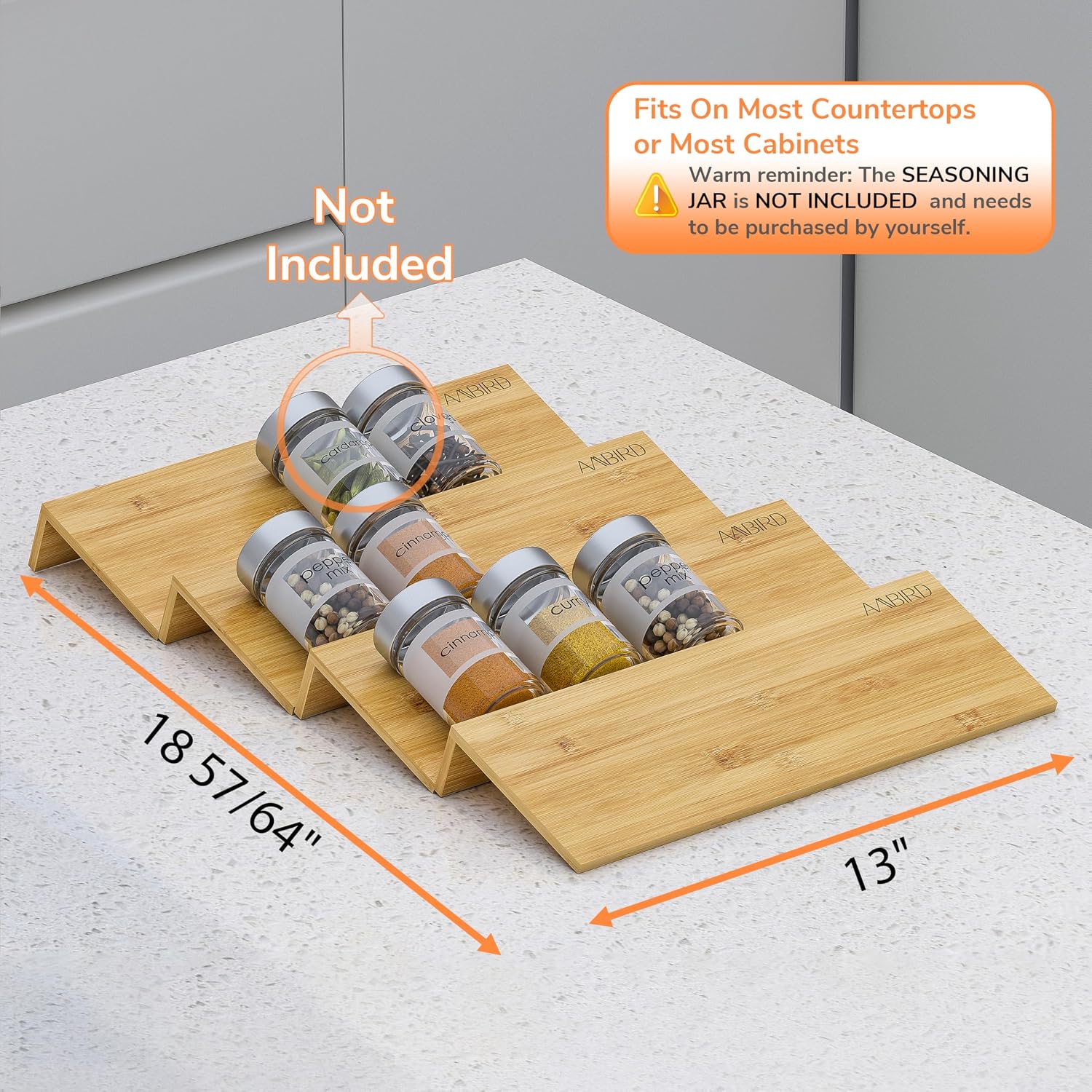 AMBIRD Bamboo Spice Drawer Organizer with Non-slip Mat, 4 Tier Jar Spice Rack Tray 13'',Seasoning Organizer for
