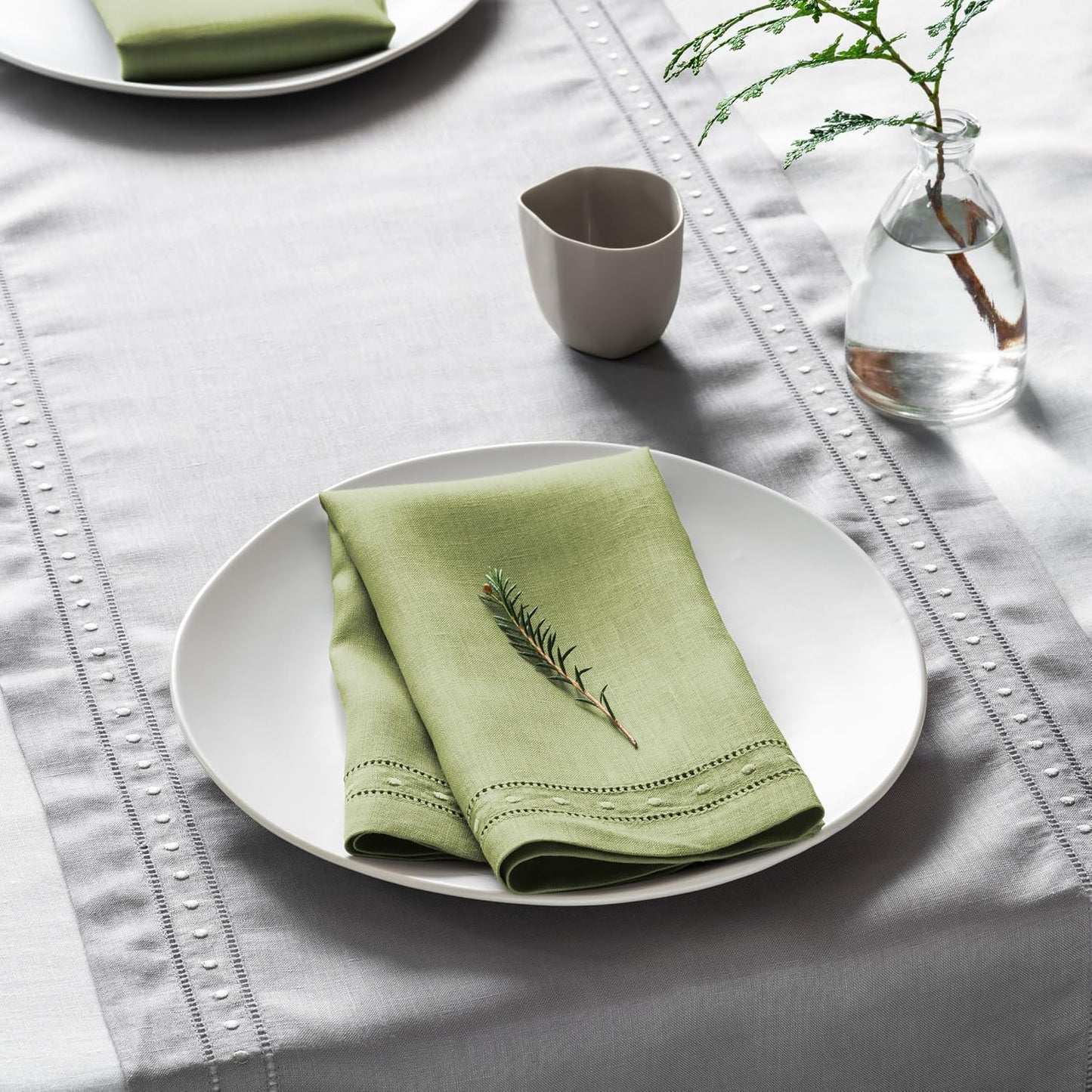 Linen Napkins 18 x 18 inch - 100% Flax Linen Olive Green Dinner Napkins with Embroidered Dot 18 x 18 inch - Hemstitch