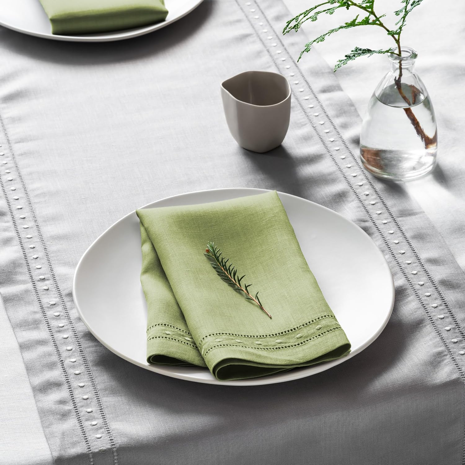 Linen Napkins 18 x 18 inch - 100% Flax Linen Olive Green Dinner Napkins with Embroidered Dot 18 x 18 inch - Hemstitch